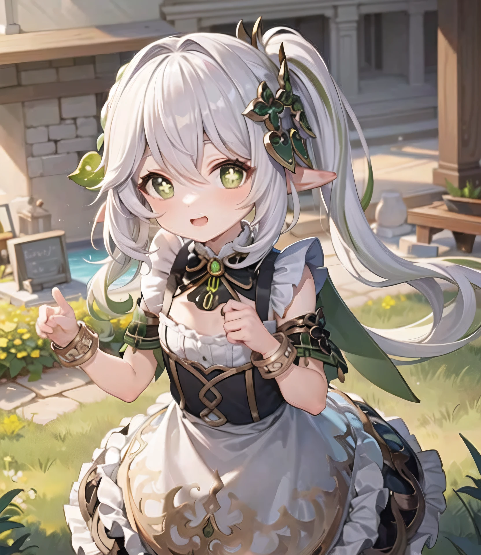 masterpiece, best quality, 1girl, solo, nahida_genshin, cross-shaped pupils, maid outfit, green cape, standing