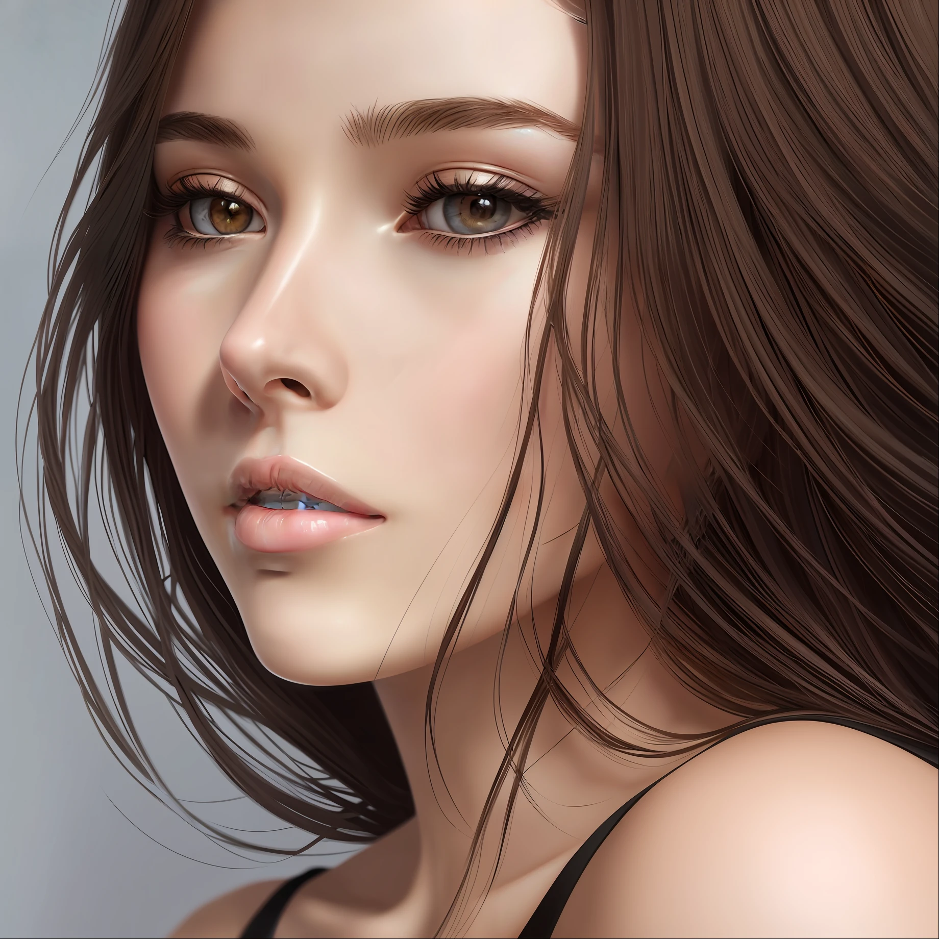 Close-up of 17 year old girl with brown hair and black top, stunning digital illustration, beautiful digital illustration, exquisite digital illustration, beautiful realistic art portrait, digital realistic portrait, beautiful realistic portrait, digital art elegant, digital illustration style, realistic digital illustration, realistic illustration, glossy digital painting, realistic artistic portrait