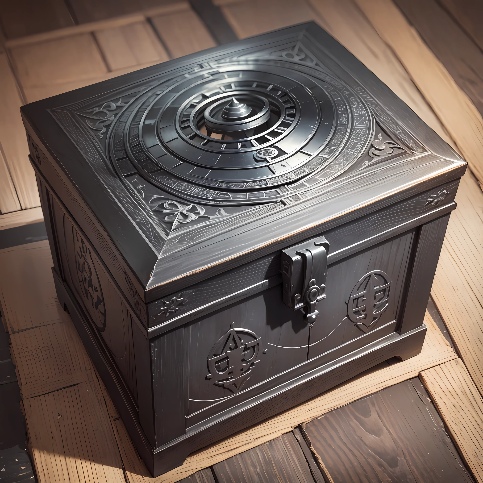 A black chest with various symbols with an antique writing in high relief, movable both on the lid and on the sides. Black and white drawing --auto --s2
