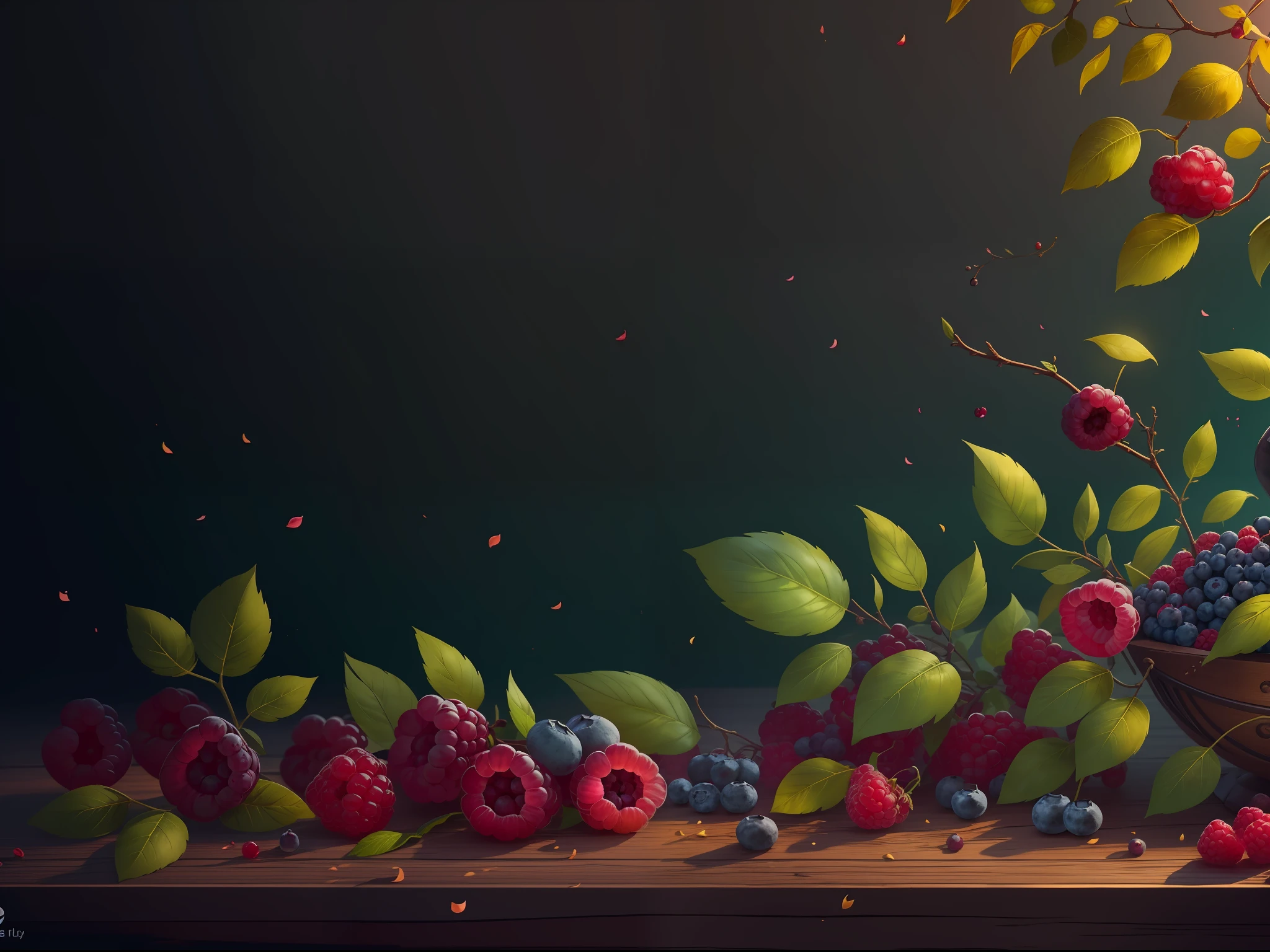 (workshop), best quality, extremely detailed unity 8k wallpapers, still life ,fragrant blueberries and raspberries, sunlight, through green leaves (skvaz' list'ya).