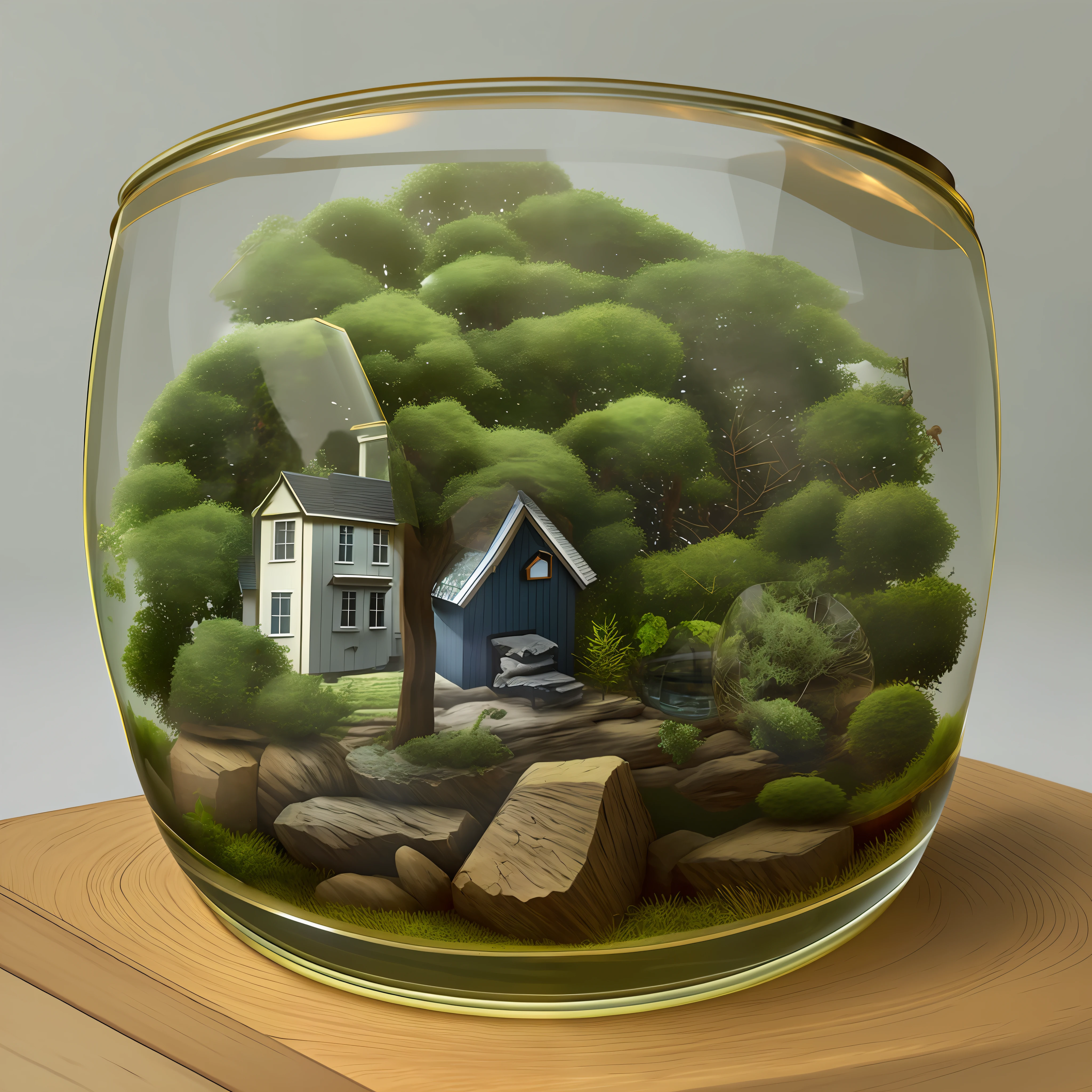 there is a glass jar with a house inside of it, graphic of enchanted terrarium, erik johansson style, rendered illustration, stylized as a 3d render, stylized 3d render, rendered art, stylized digital illustration, realistic 3 d style, depicted as a 3 d render, 3 d render stylized, a photorealistic rendering, high detailed illustration