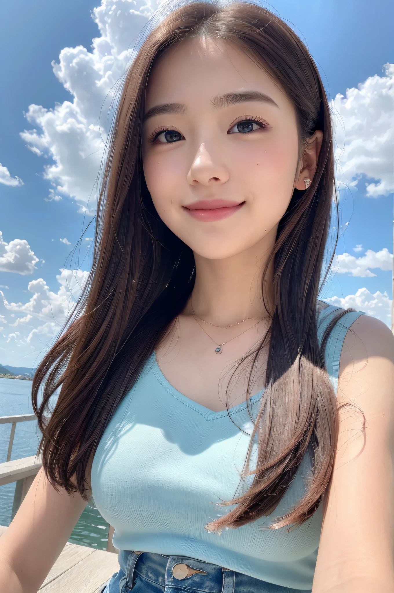 (8k, Best Quality, Masterpiece:1.2), (Realistic, Photorealistic:1.37), Ultra Detailed, 1 Girl,Cute,Solo,Beautiful Detailed Sky,Date,(Blush),(Smile:1.15),(Closed Mouth)Small breasts,Beautiful detailed eyes,(Long hair: 1.2),Floating hair NovaFrogStyle, tank top, shorts, standing,
