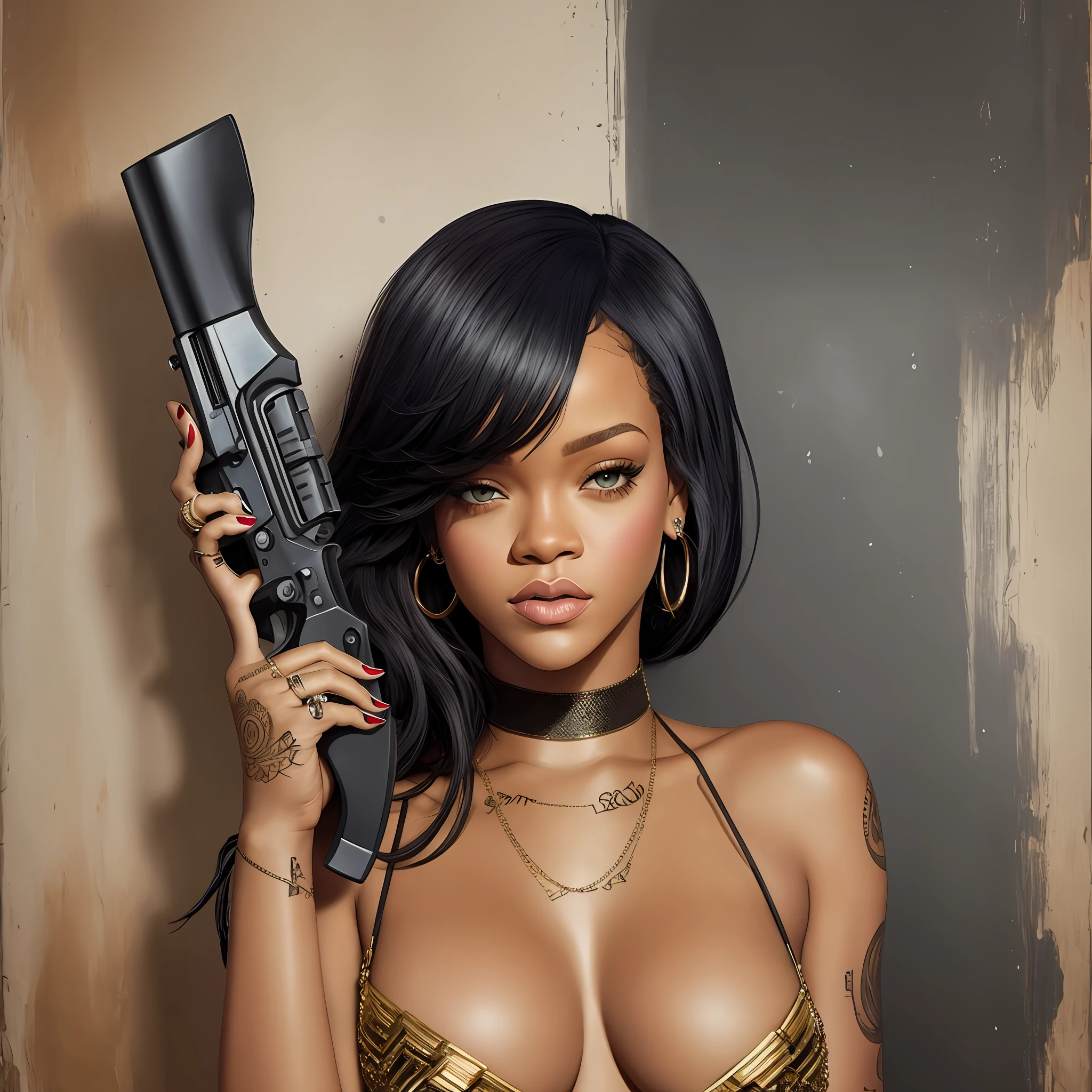 Rihanna holding a revolver, sensual, perfect skin, ultra realistic, poster, perfect strokes --auto --s2