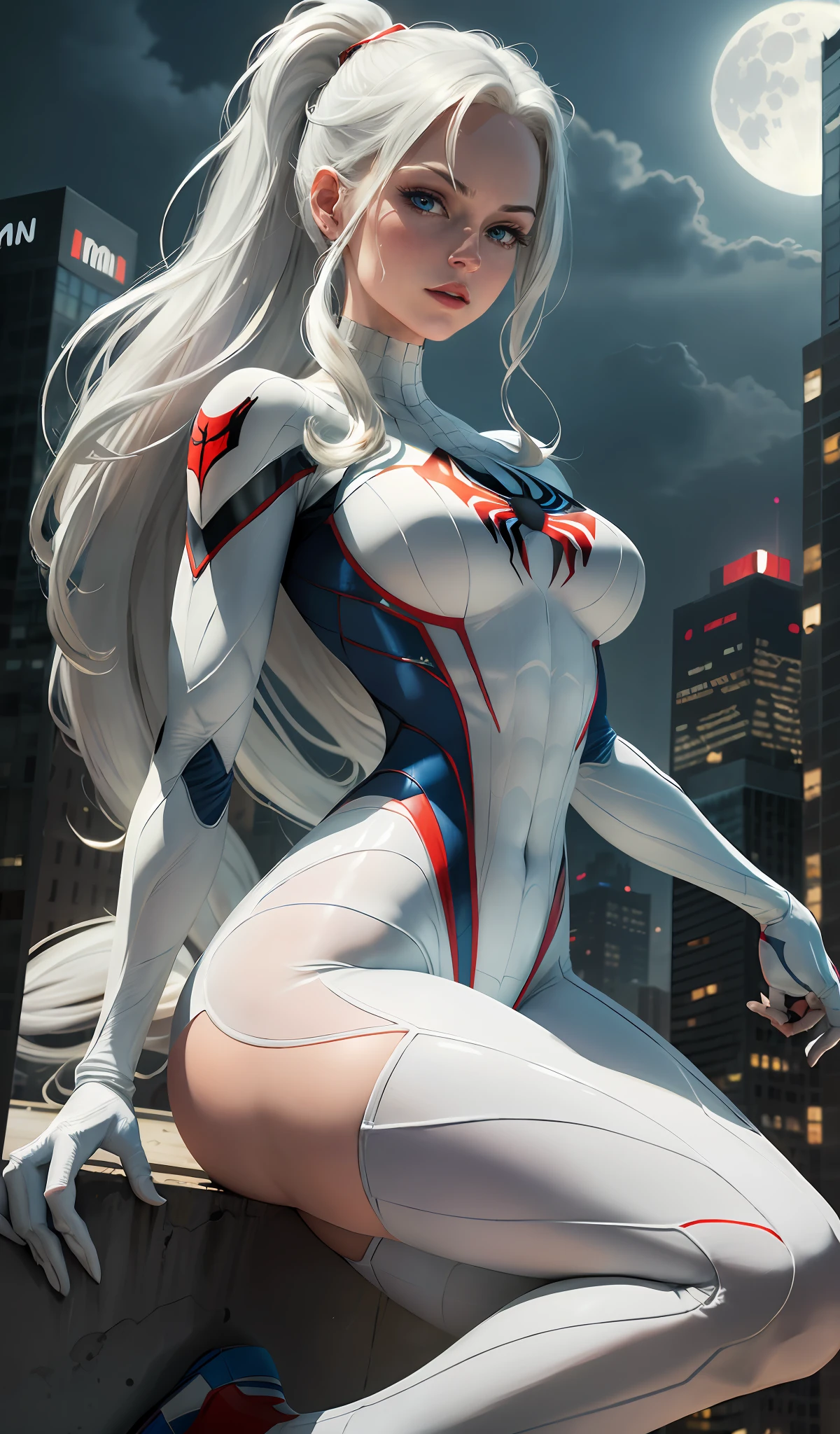 (Masterpiece, 4k resolution, ultra-realistic, very detailed), (White superhero theme, charismatic, there's a girl on top of town, wearing Spider-Man costume, she's a superhero), [ ((25 years), (long white hair:1.2), full body, (blue eyes:1.2), ((Spider-Man pose),show of strength, jumping from one building to another), ((sandy urban environment):0.8)| (cityscape, at night, dynamic lights), (full moon))] # Explanation: The Prompt mainly describes a 4K painting of ultra-high definition, very realistic, very detailed. It shows a superheroine at the top of the city, wearing a Spider-Man costume. The theme in the painting is a white superhero theme, the female protagonist has long white hair, is 25 years old and her entire body is shown in the painting. In terms of portraying the actions of superheroines, spiders are employed front and back