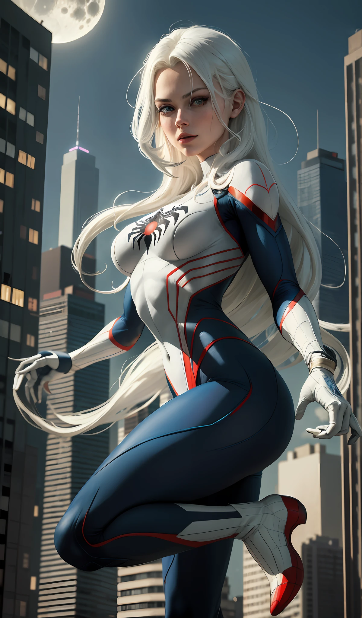 (Masterpiece, 4k resolution, ultra-realistic, very detailed), (White superhero theme, charismatic, there's a girl on top of town, wearing Spider-Man costume, she's a superhero), [ ((25 years), (long white hair:1.2), full body, (blue eyes:1.2), ((Spider-Man pose),show of strength, jumping from one building to another), ((sandy urban environment):0.8)| (cityscape, at night, dynamic lights), (full moon))] # Explanation: The Prompt mainly describes a 4K painting of ultra-high definition, very realistic, very detailed. It shows a superheroine at the top of the city, wearing a Spider-Man costume. The theme in the painting is a white superhero theme, the female protagonist has long white hair, is 25 years old and her entire body is shown in the painting. In terms of portraying the actions of superheroines, spiders are employed front and back
