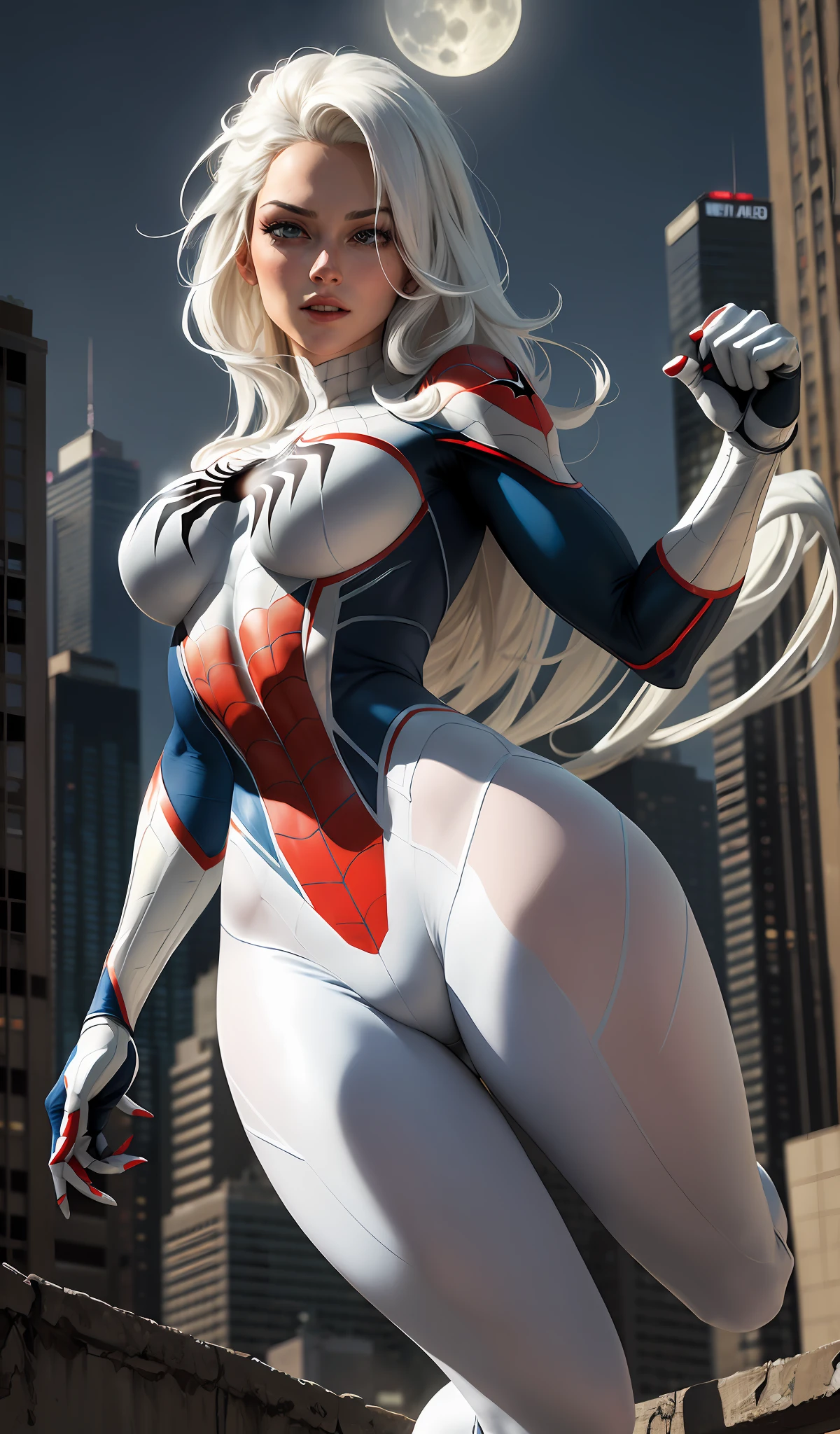 (Masterpiece, 4k resolution, ultra-realistic, very detailed), (White superhero theme, charismatic, there's a girl on top of town, wearing Spider-Man costume, she's a superhero), [ ((25 years), (long white hair:1.2), full body, (blue eyes:1.2), ((Spider-Man pose),show of strength, jumping from one building to another), ((sandy urban environment):0.8)| (cityscape, at night, dynamic lights), (full moon))] # Explanation: The Prompt mainly describes a 4K painting of ultra-high definition, very realistic, very detailed. It shows a superheroine at the top of the city, wearing a Spider-Man costume. The theme in the painting is a white superhero theme, the female protagonist has long white hair, is 25 years old and her entire body is shown in the painting. In terms of portraying the actions of superheroines, spiders are employed front and back