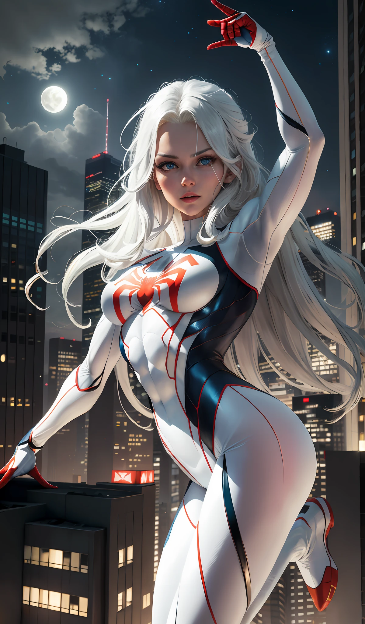 (Masterpiece, 4k resolution, ultra-realistic, very detailed), (White superhero theme, charismatic, there's a girl on top of town, wearing Spider-Man costume, she's a superhero), [ ((25 years), (long white hair:1.2), full body, (blue eyes:1.2), ((Spider-Man pose),show of strength, jumping from one building to another), ((sandy urban environment):0.8)| (cityscape, at night, dynamic lights), (full moon))] # Explanation: The Prompt mainly describes a 4K painting of ultra-high definition, very realistic, very detailed. It shows a superheroine at the top of the city, wearing a Spider-Man costume. The theme in the painting is a white superhero theme, the female protagonist has long white hair, is 25 years old and her entire body is shown in the painting. In terms of portraying the actions of superheroines, spiders are employed