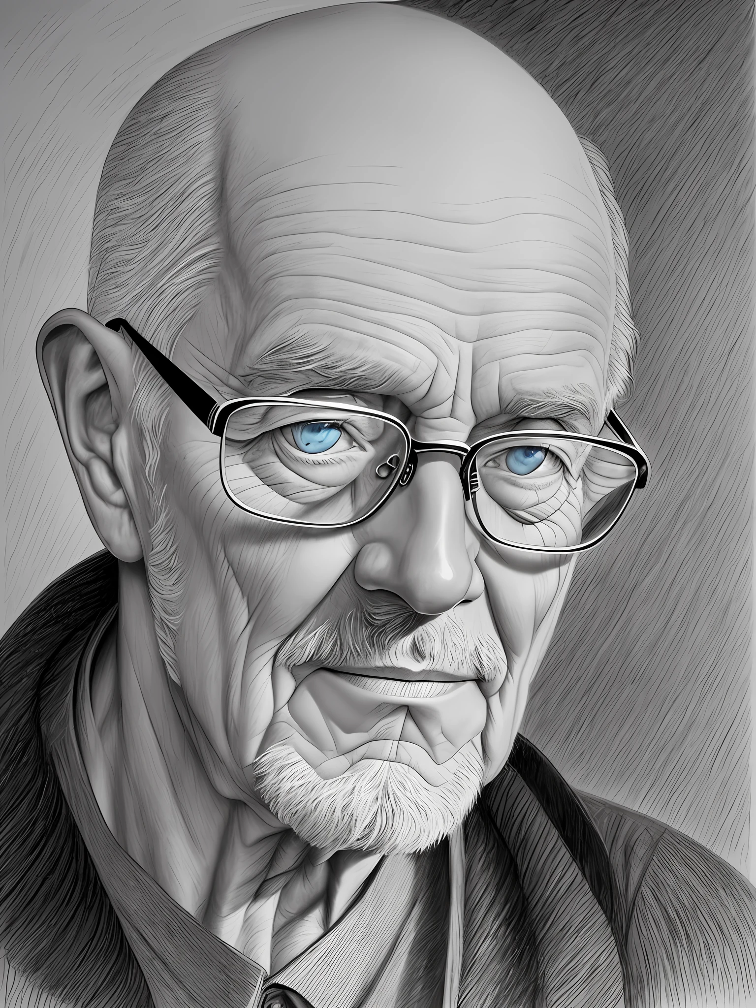 A pencil drawing of a realistic portrait of an elderly person, fair skinned with blue eyes, long bald nose wearing glasses Elderly with deep wrinkles and serene expression. Explore the play of light and shadow to highlight facial details. Use smooth, precise strokes to create textures and capture the essence of life experience. --auto --s2
