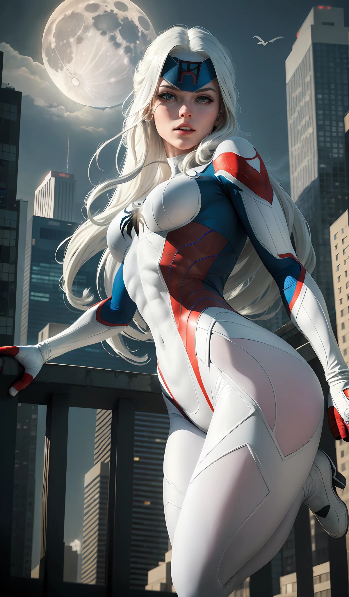 (Masterpiece, 4k resolution, ultra-realistic, very detailed), (White superhero theme, charismatic, there's a girl on top of town, wearing Spider-Man costume, she's a superhero), [ ((25 years), (long white hair:1.2), full body, (blue eyes:1.2), ((Spider-Man pose),show of strength, jumping from one building to another), ((sandy urban environment):0.8)| (cityscape, at night, dynamic lights), (full moon))] # Explanation: The Prompt mainly describes a 4K painting of ultra-high definition, very realistic, very detailed. It shows a superheroine at the top of the city, wearing a Spider-Man costume. The theme in the painting is a white superhero theme, the female protagonist has long white hair, is 25 years old and her entire body is shown in the painting. In terms of portraying the actions of superheroines, spiders are employed