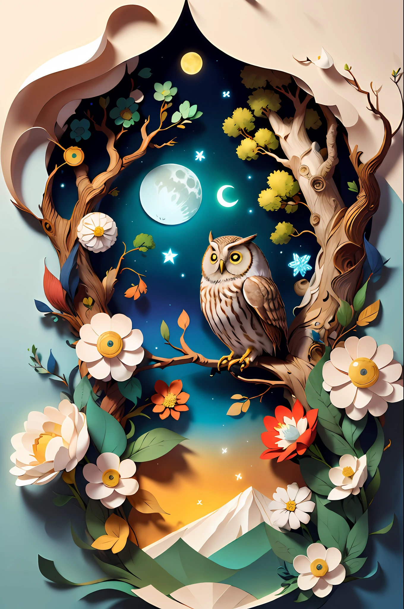 (((masterpiece))),bestquality,illustration,beautifuldetailedglow,
paper_cut, owl, tree,moon,
