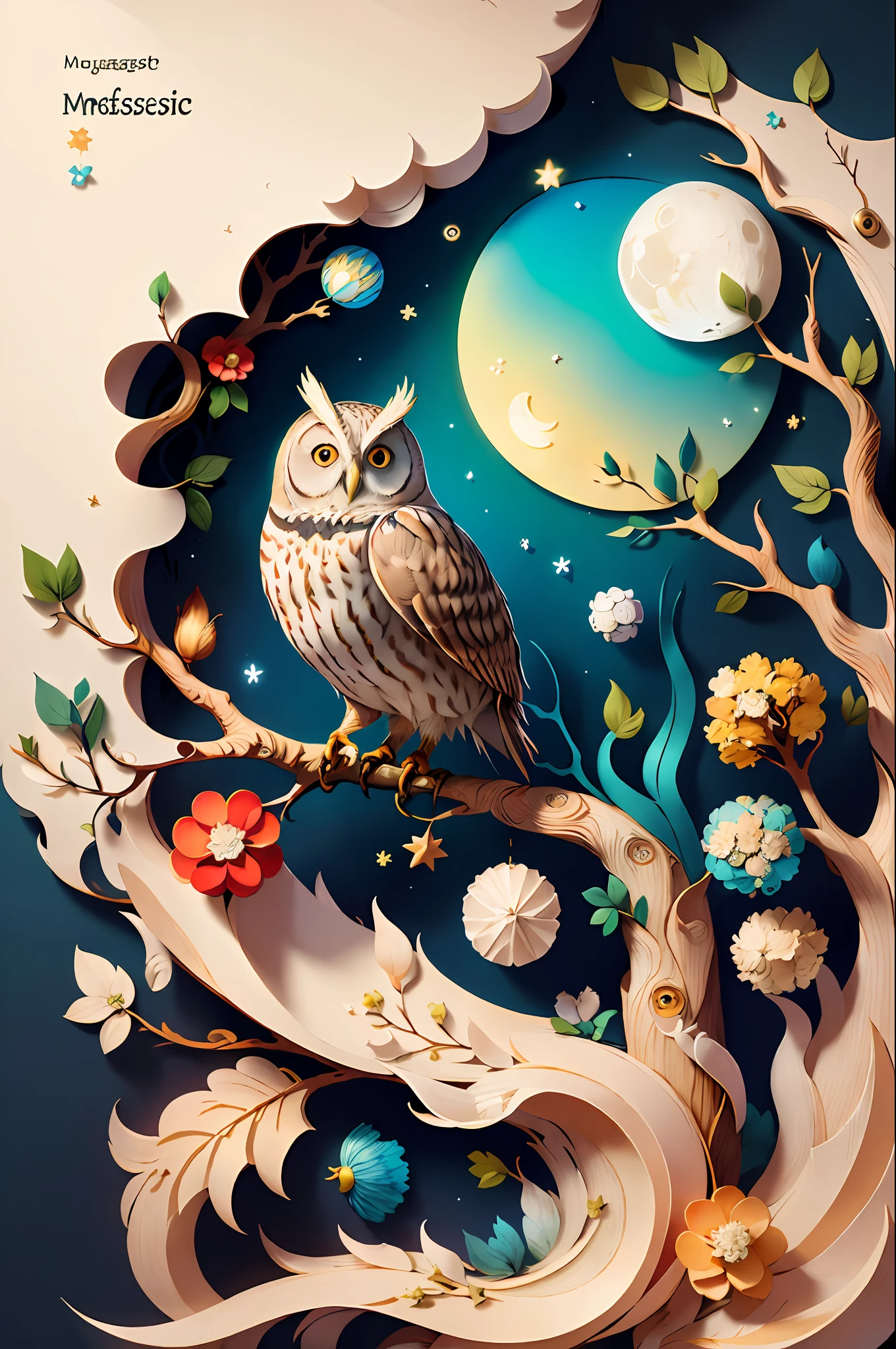 (((masterpiece))),bestquality,illustration,beautifuldetailedglow,
paper_cut, owl, tree,moon,