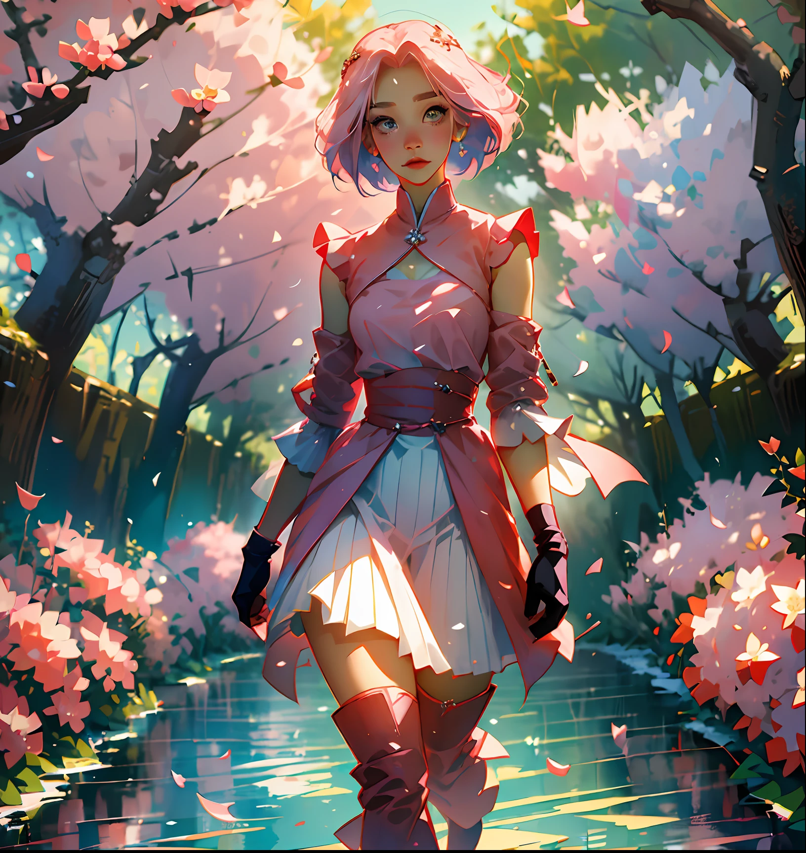Sakura haruno, ((solo)), alone, princess, wearing a green princess dress, queen, happy, ((forehead to show)), standing, entering the church, pink hair, short hair, delicate, young, short hair, detailed face, high definition, ((full body)), (flowers around her), full body, she is a beautiful woman, face with high quality, beautiful, radiant, pastel tones, high definition, pastel tones, delicacy, sakura haruno, sakura, pastel tones, beautiful face, sharp strokes, anime, sakura haruno, anime, hd, pink hair, anime, sakura, apparent strokes