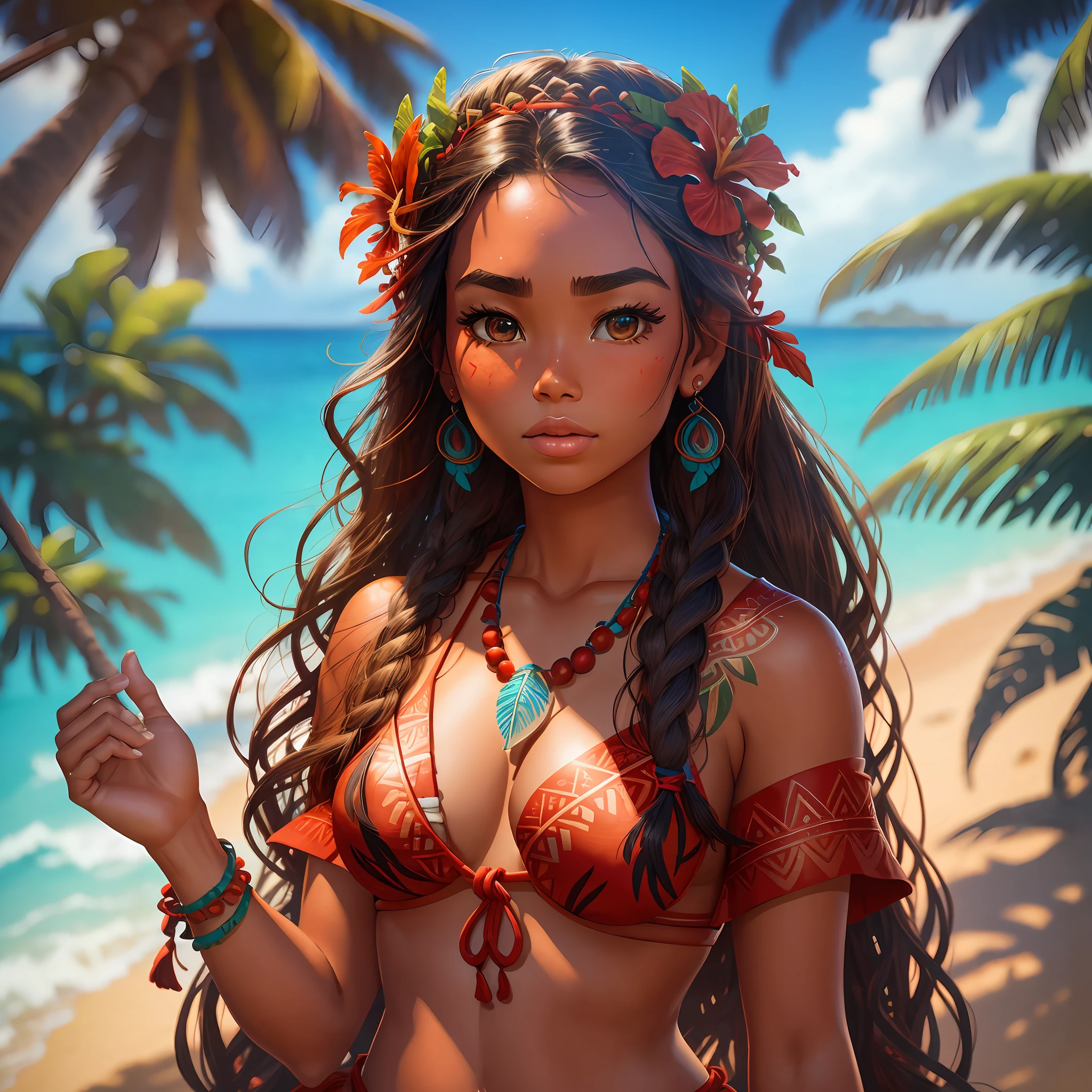 REALISTIC IMAGE, BEAUTIFUL WOMAN, BIKINI, RED CLOTHES, MOTOUI MOANA, BEACH, PALM TREES, ISLAND, BLUE STONE NECKLACE, YOUNG, DISNEY MOANA, HAWAIIAN WOMAN, INDIGENOUS, SIMPLE, FLOWER ON HEAD --auto --s2