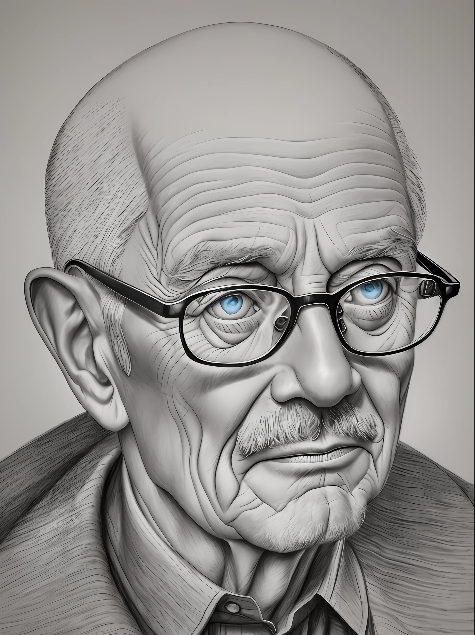 A pencil drawing of a realistic portrait of an elderly person, fair skinned with blue eyes, long bald nose wearing glasses Elderly with deep wrinkles and serene expression. Explore the play of light and shadow to highlight facial details. Use smooth, precise strokes to create textures and capture the essence of life experience. --auto --s2