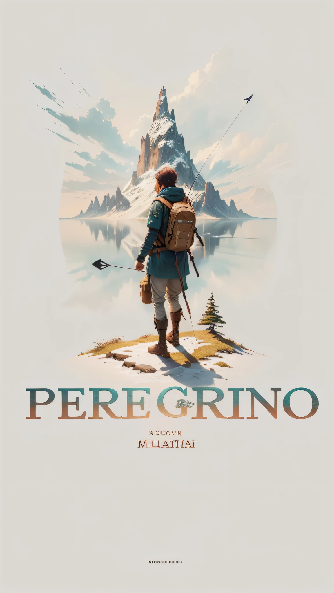Mountain "A young adventurer without a chapel, with a backpack on his back who exudes courage and determination is holding a bow and arrow within the letter O. #Fotorealismo #MelhorQualidade #DetalhesUltrarrealistas #IluminaçãoRealista."