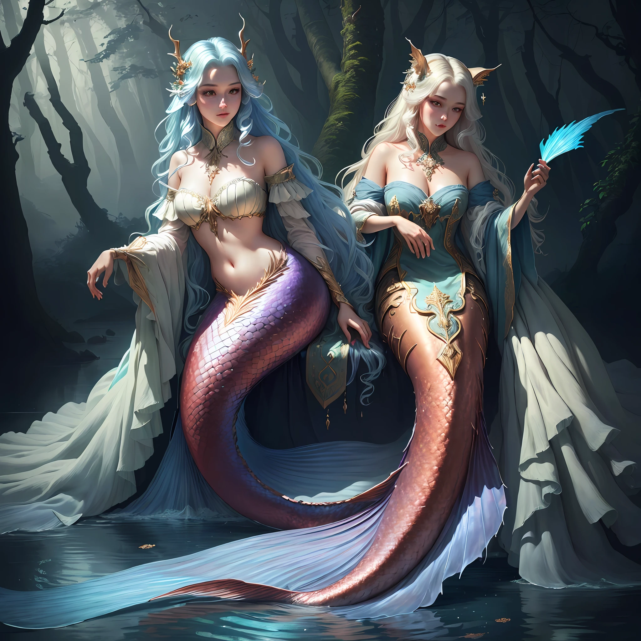 Masterpiece, best quality, (very detailed CG unified 8k wallpaper), (best quality), (best illustration), (best shadow), realistic lighting, full body shot, mermaid portrait, fish fin ears, intricate, elegant, very detailed, handsome, very detailed, claws, in the forest, blood, rags, beautiful face, dreamy, medieval, beautiful detailed light