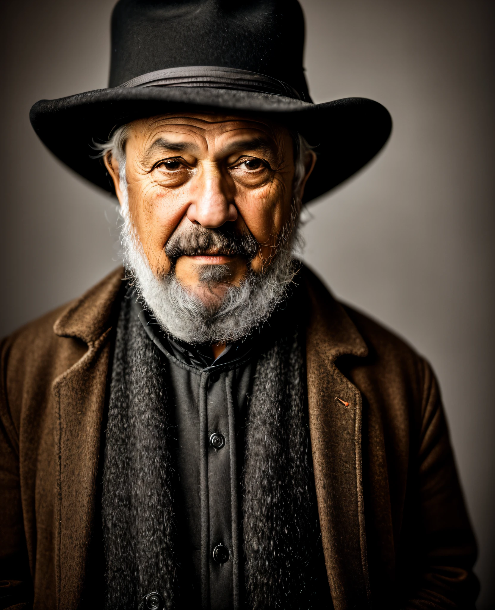portrait photo of Rembrandt, middle aged man wearing a black hat, greying, brown jacket, photo studio, (8k UHD:1.1), (film grain:1.1), (raw photo:1.1), full resolution, highly detailed skin, detailed hair, dslr, sharp focus, high definition, high quality photography, intricate