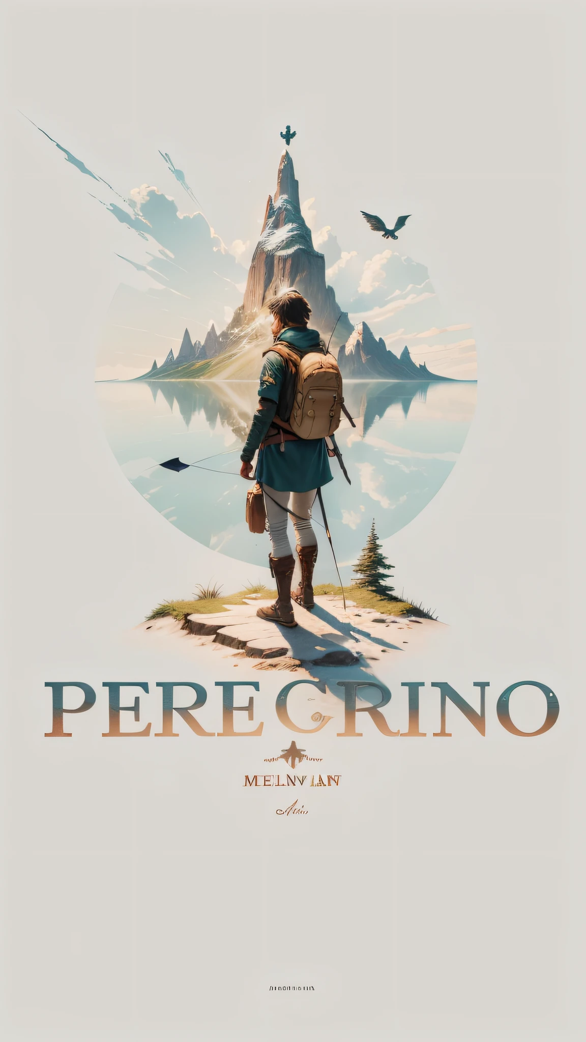 Mountain "A young adventurer without a chapel, with a backpack on his back who exudes courage and determination is holding a bow and arrow within the letter O. #Fotorealismo #MelhorQualidade #DetalhesUltrarrealistas #IluminaçãoRealista."