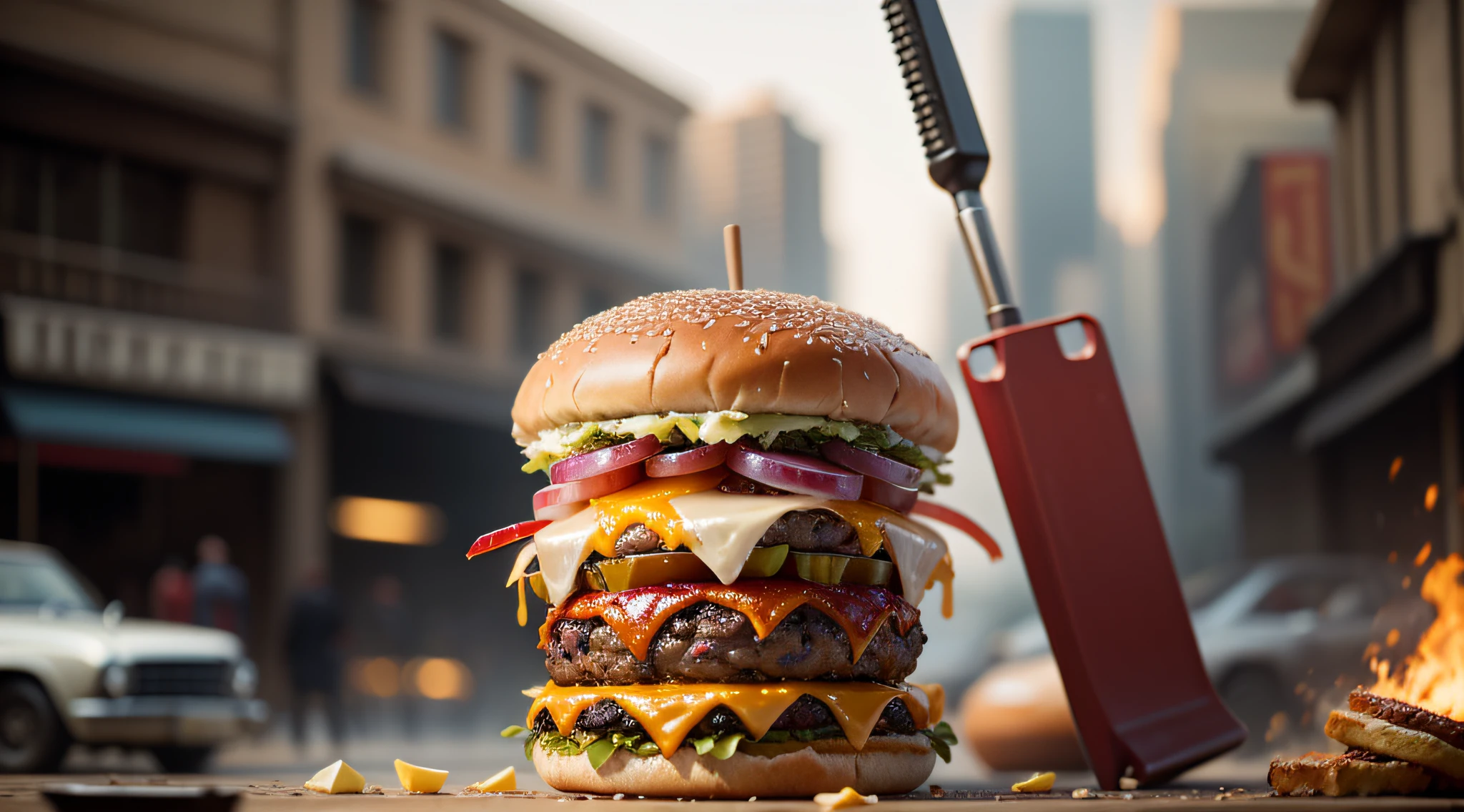 Film still, a realistic burger, masterpiece, (close-up) catching fire in a cyberpunk setting 30s --auto --s2