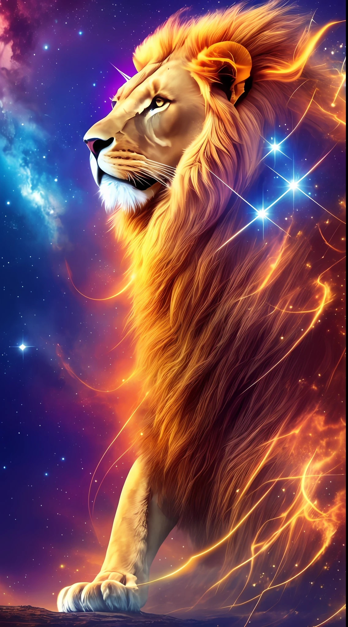 human with head of lion sitting on the king's throne, wearing a perfect crown, feeling of grandeur and grandeur, cinematic scenery, colors that bring tranquility and peace, beautiful nebula in the background, perfect face, perfect body, full body in the photo, best quality, best texture, best rendering, 8k, HDR, high contrast, high resolution. --auto --s2