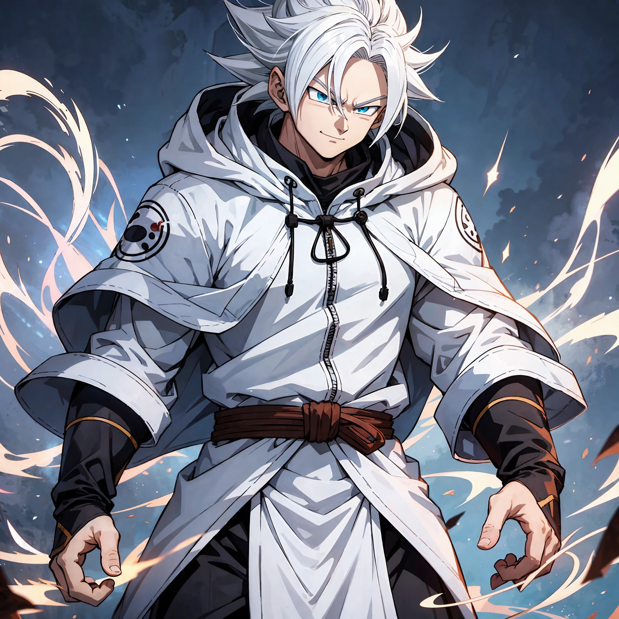 male hero, white hair, alone, dragon ball style, long hooded clothes, evil aura, smile --auto --s2