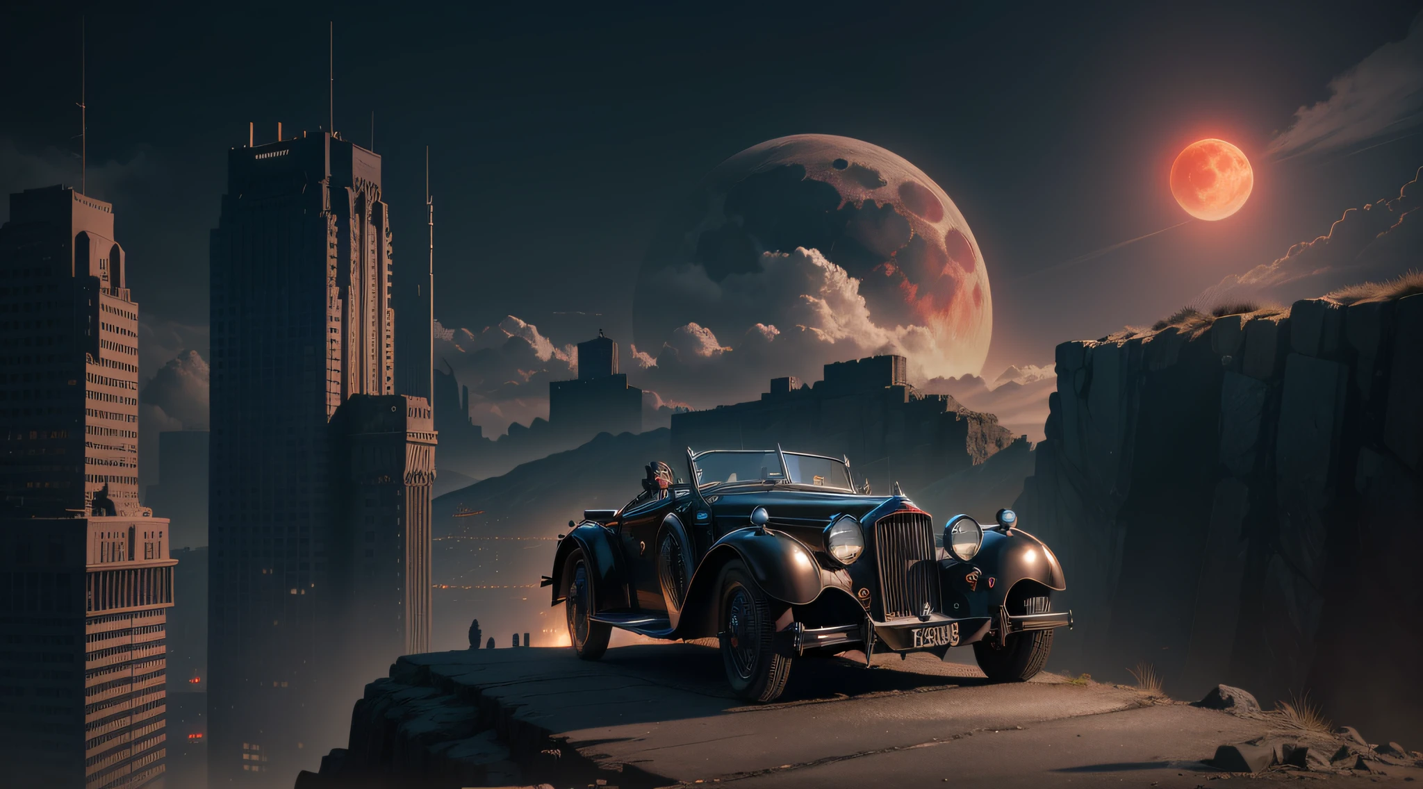 A Batmobile of a gangster standing on a cliff, red moon in the sky, high detail, 1930s gotham city building, masterpiece, (HDR)(wallpaper)(film lighting)(sharp focus), masterpiece, best quality, (extremely detailed CG 8k unit wallpaper), (best quality)