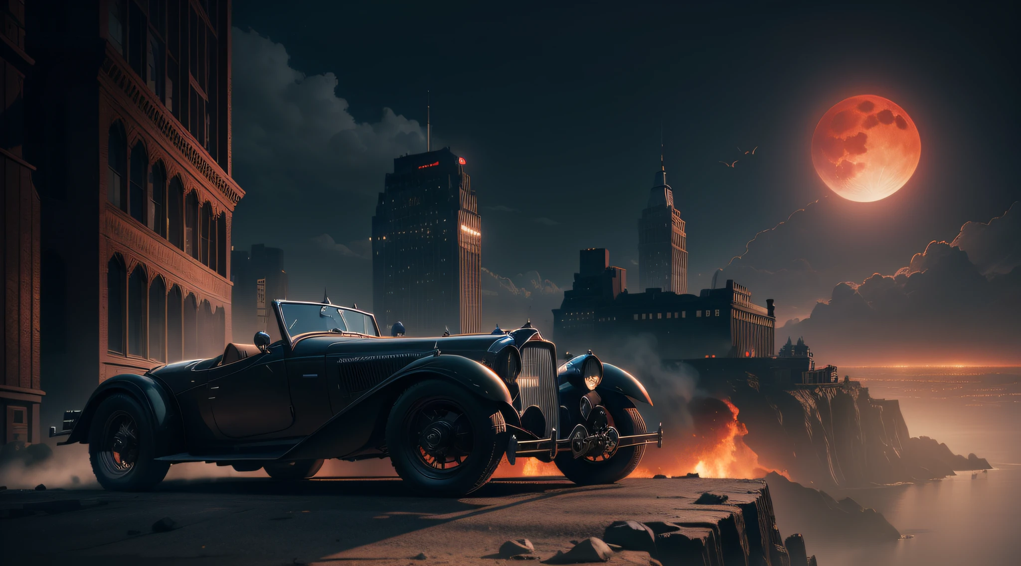 A Batmobile of a gangster standing on a cliff, red moon in the sky, high detail, 1930s gotham city building, masterpiece, (HDR)(wallpaper)(film lighting)(sharp focus), masterpiece, best quality, (extremely detailed CG 8k unit wallpaper), (best quality)