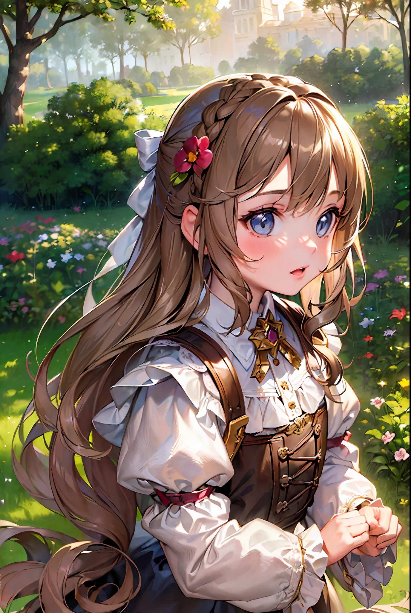 "((masterpiece:1.3), light brown hair, girl, long hair, enchanted garden, realistic, detailed, sunset light, high resolution:16k)"