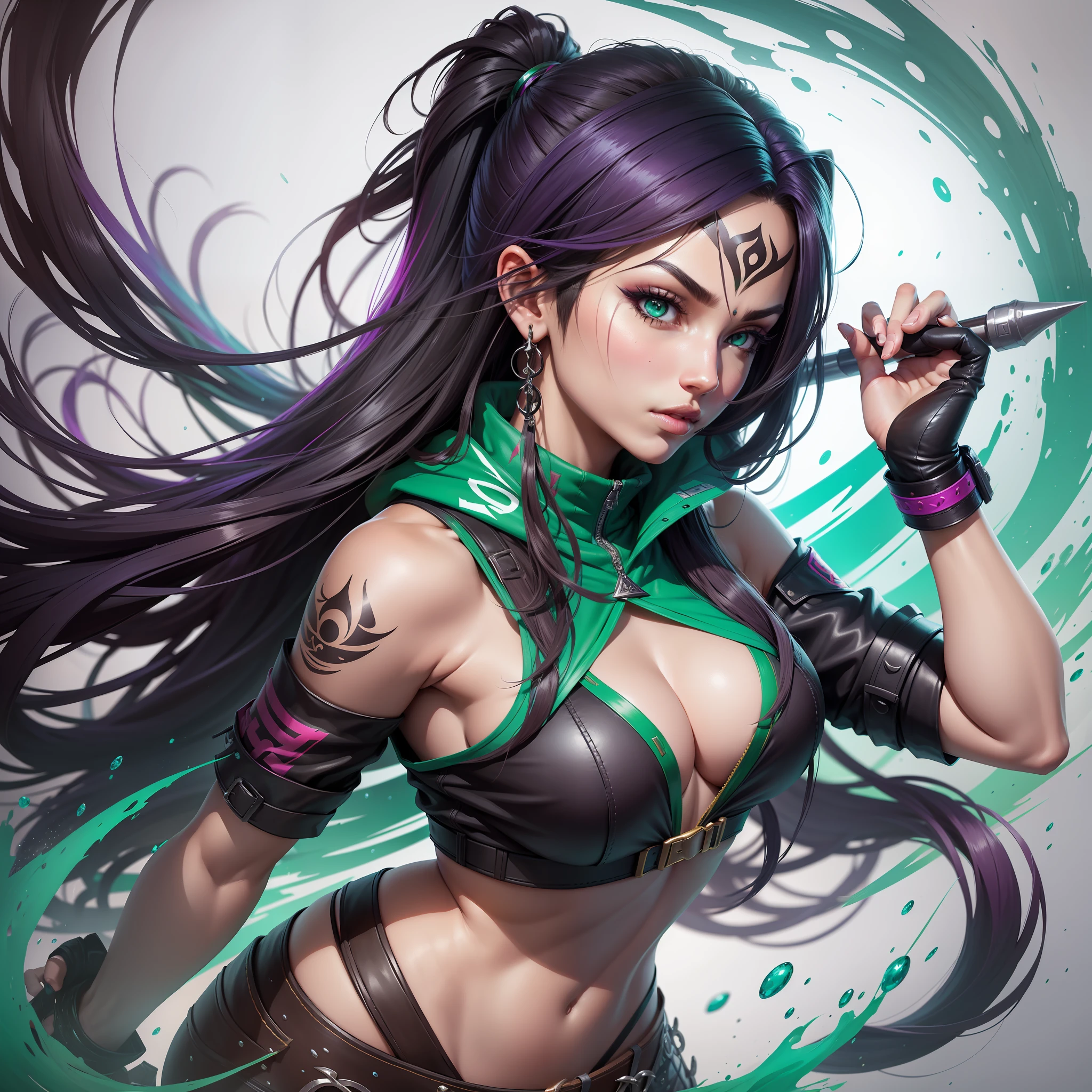 Create an ultra realistic image of the character Akali from the K/DA ALL OUT skin in the game League of Legends, in a photographic style. Akali is an agile and mysterious assassin, and the image should capture her entire essence and iconic personality. Ensure that every detail of the character is accurately reproduced, from her appearance to her clothing and accessories specific to the skin. Akali's face should reflect her determination and confidence, with piercing eyes and a serious expression. The hair, which is one of the character's distinctive features, should be shown in all its details, with realistic reflections and textures. Dress her in the K/DA ALL OUT skin outfit, paying special attention to the outfit details and vibrant colors. The image should be set in a mysterious landscape that enhances the character's aura. Akali should be portrayed in a photographic pose, conveying her unique and confident attitude. Create an image that resembles an authentic photograph of Akali.