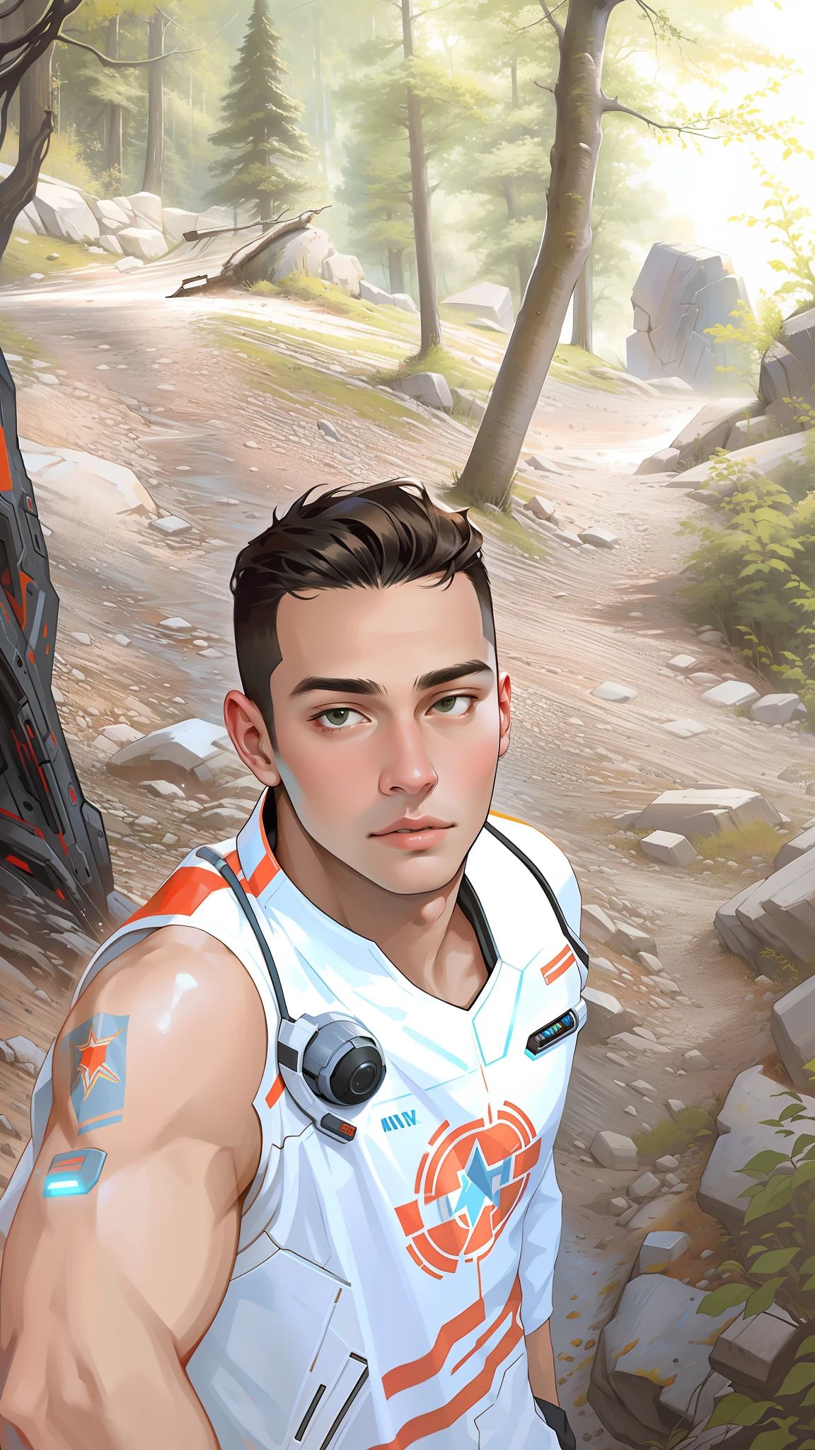masterpiece, best quality, realistic, ultra detailed, sfw, head shot, a portrait of a young man, starsector, sci-fi style suits, hight-tech gadgets, head facing right,
