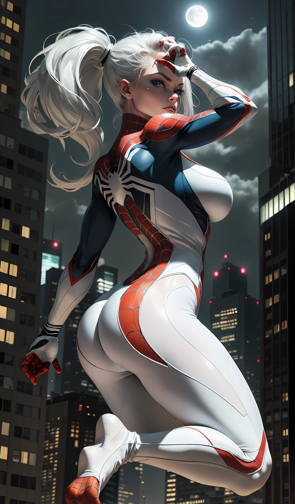 (Masterpiece, 4k resolution, ultra-realistic, very detailed), (White superhero theme, charismatic, there's a girl on top of town, wearing Spider-Man costume, she's a superhero), [ ((25 years), (long white hair:1.2), full body, (blue eyes:1.2), ((Spider-Man pose),show of strength, jumping from one building to another), ((sandy urban environment):0.8)| (cityscape, at night, dynamic lights), (full moon))] # Explanation: The Prompt mainly describes a 4K painting of ultra-high definition, very realistic, very detailed. It shows a superheroine at the top of the city, wearing a Spider-Man costume. The theme in the painting is a white superhero theme, the female protagonist has long white hair, is 25 years old and her entire body is shown in the painting. In terms of portraying the actions of superheroines, spiders are employed front and back with large breasts and buttocks and super short clothing