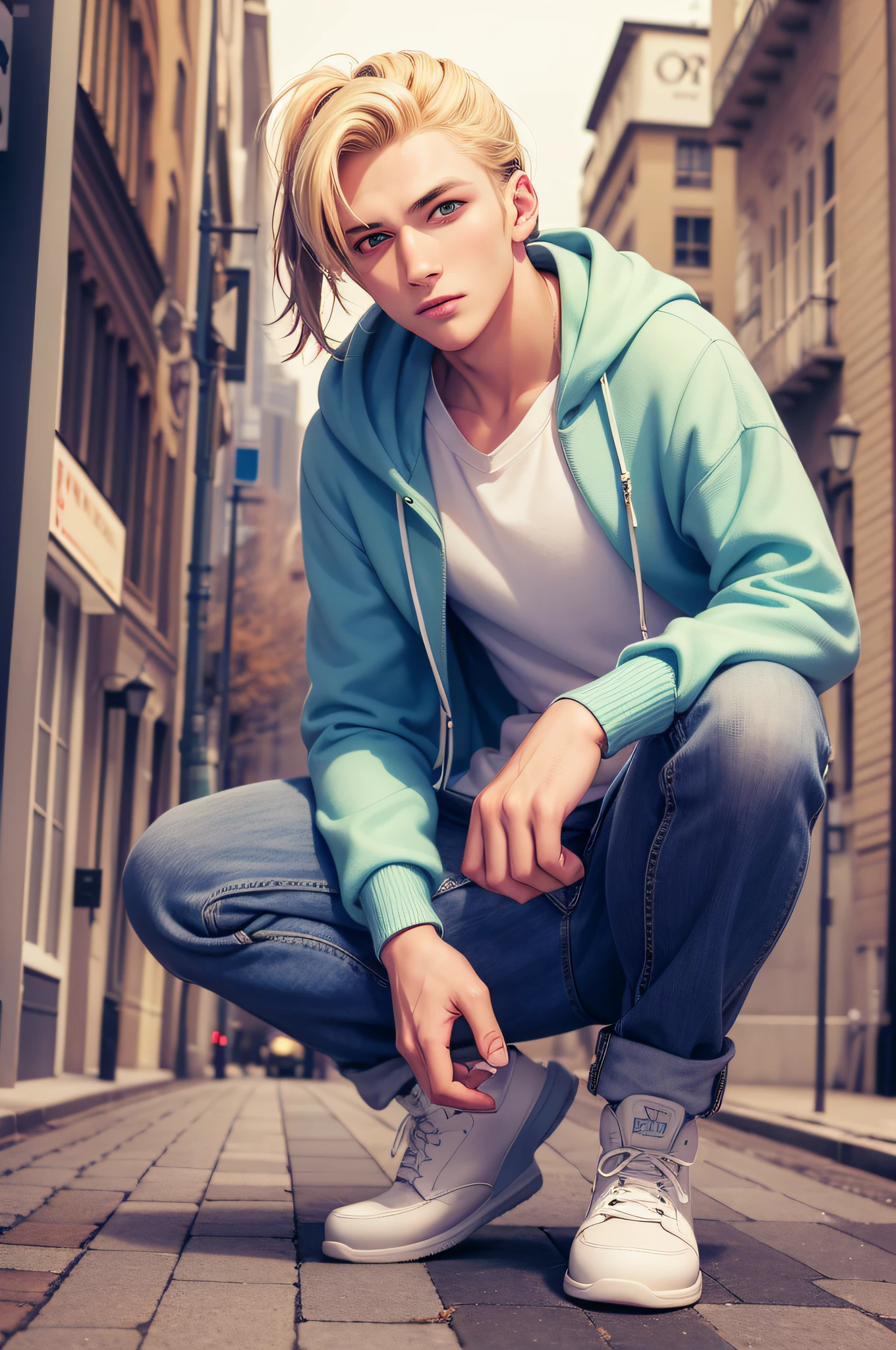 Masterpiece, high quality, absurdes, a guy, blonde hair, ponytail, detailed eyes and face, blue eyes, handsome face, charming, kind, relaxed, charismatic, perfect face, hoodie, long cardigan, lab coat, t-shirt, jeans, boots, city street background, intricate details, complex lighting