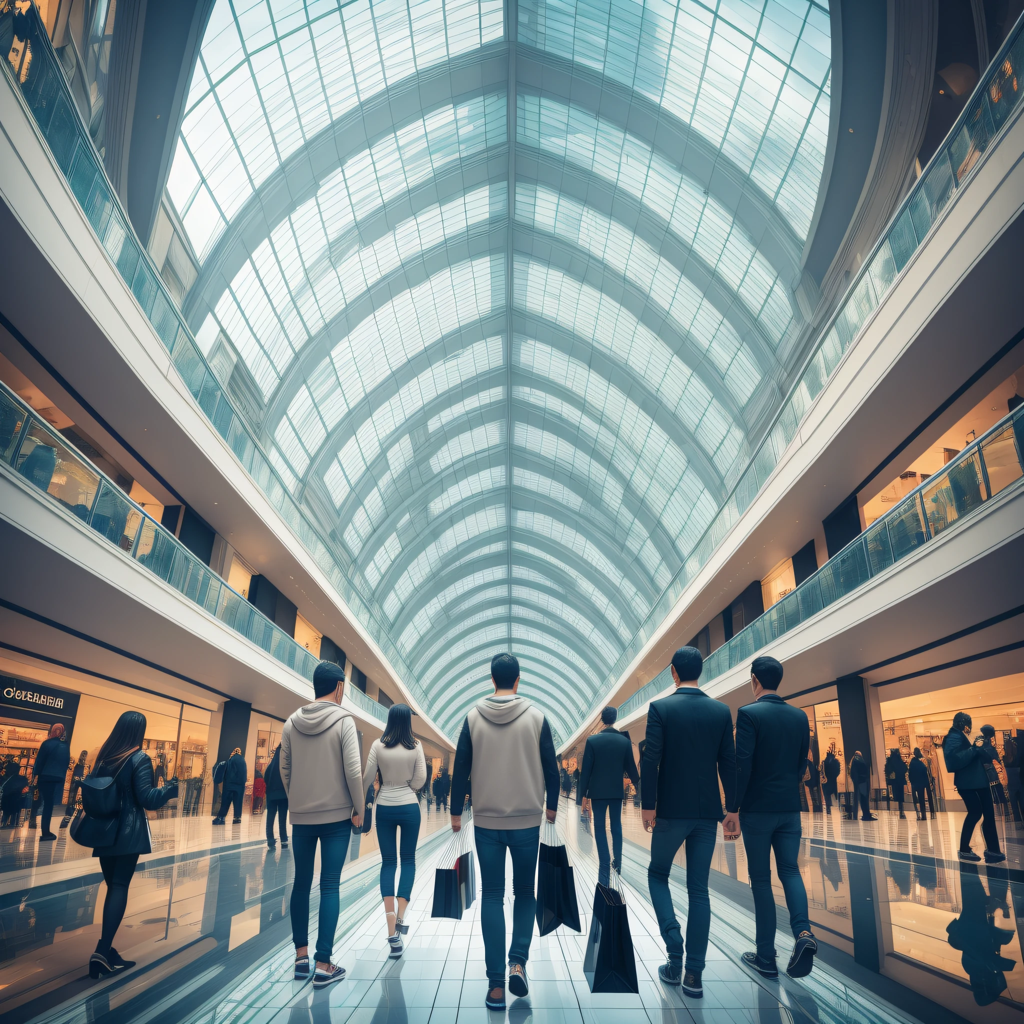 (masterpiece ) ,(highly detailed people shots), people walking around a big building with a glass roof, in a futuristic shopping mall, shopping mall, in a magnificent shopping mall, shopping mall background, shopping mall, people shopping, in a shopping mall, trendy, ((cinema style))