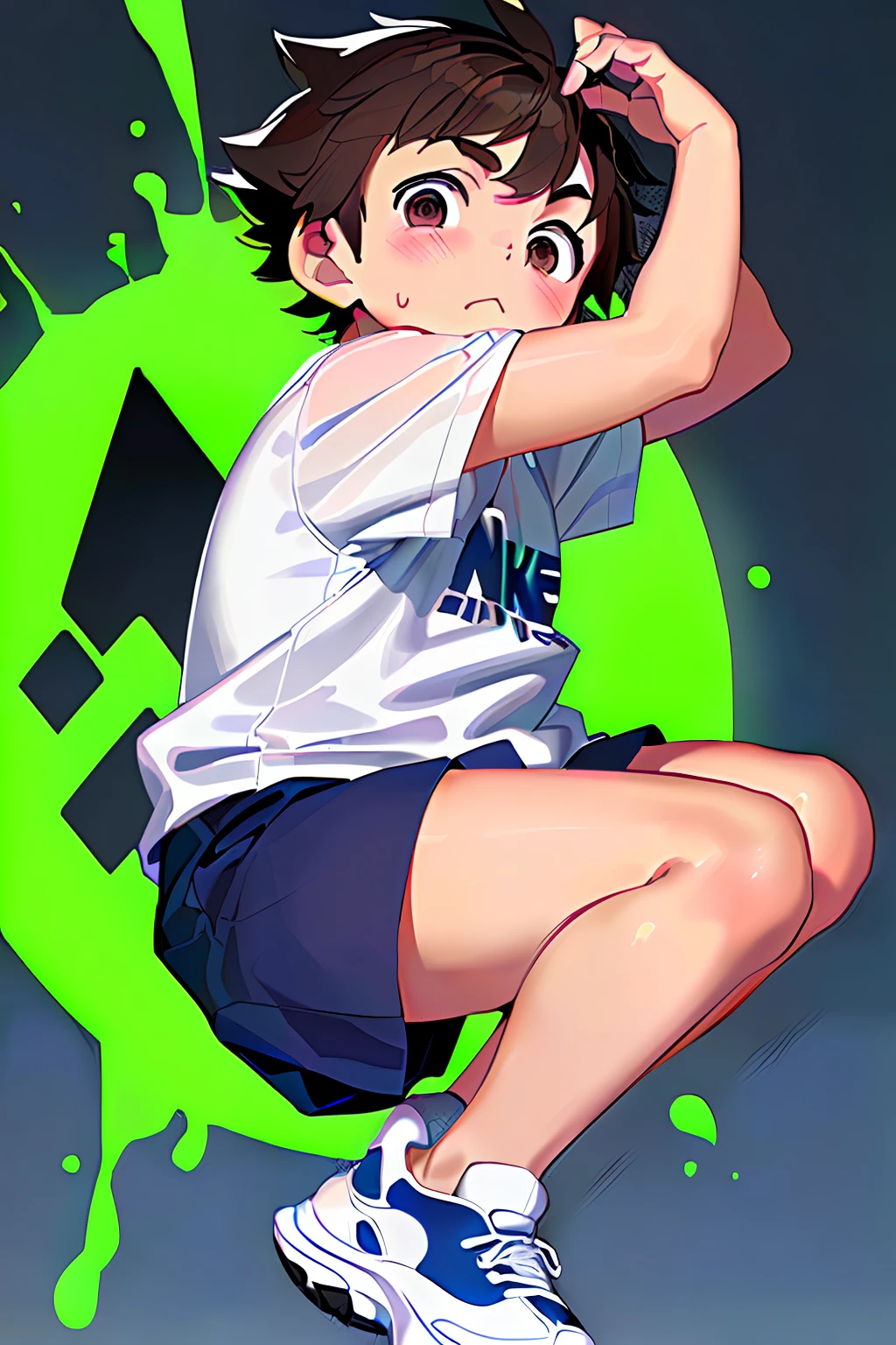 Create cartoon type drawing of a boy, 11 years old, slightly fat, of medium stature, white color, dressed in a blue shirt and a khaki twill shorts, dark brown hair, dark brown eyes, low cut hair with a tribal drawing the razor on the side of the head, black nike sneakers with the white logo, front pose with the head slightly turned to the right on a background of a game