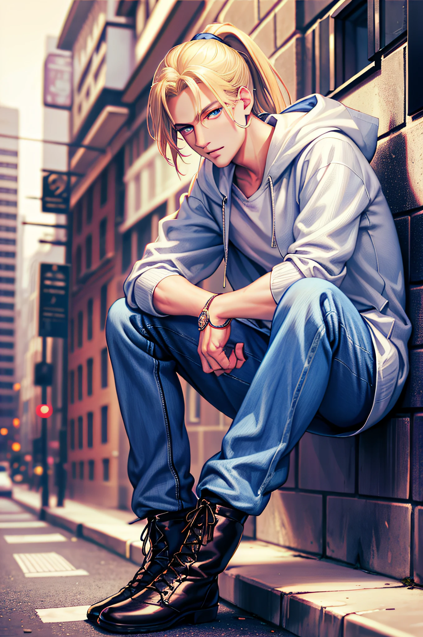 Masterpiece, high quality, absurdes, a guy, blonde hair, ponytail, detailed eyes and face, blue eyes, handsome face, charming, kind, relaxed, charismatic, perfect face, hoodie, long cardigan, lab coat, t-shirt, jeans, boots, city street background, intricate details, complex lighting