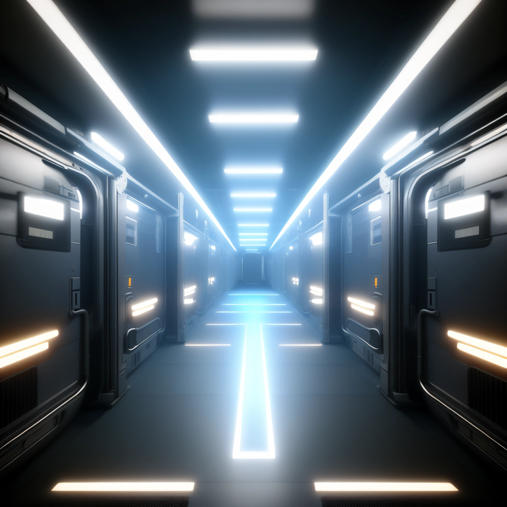 photorealistic, 8k, volumetric light, textured black rubber floor (ColonyCorridor:1)