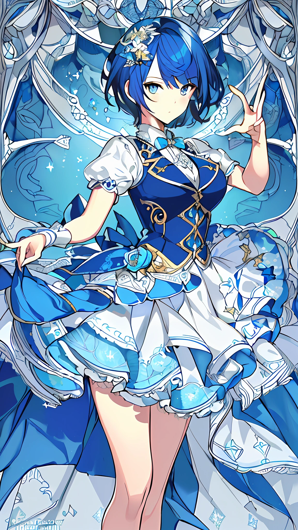 (((masterpiece))),(((bestquality))),((ultra-detailed)),(illustration),((anextremelydelicateandbeautiful)),dynamicangle,floating,(beautifuldetailedeyes),(detailedlight) (1girl), solo,short blue hair,tuxedo,fancy blue pattern background
