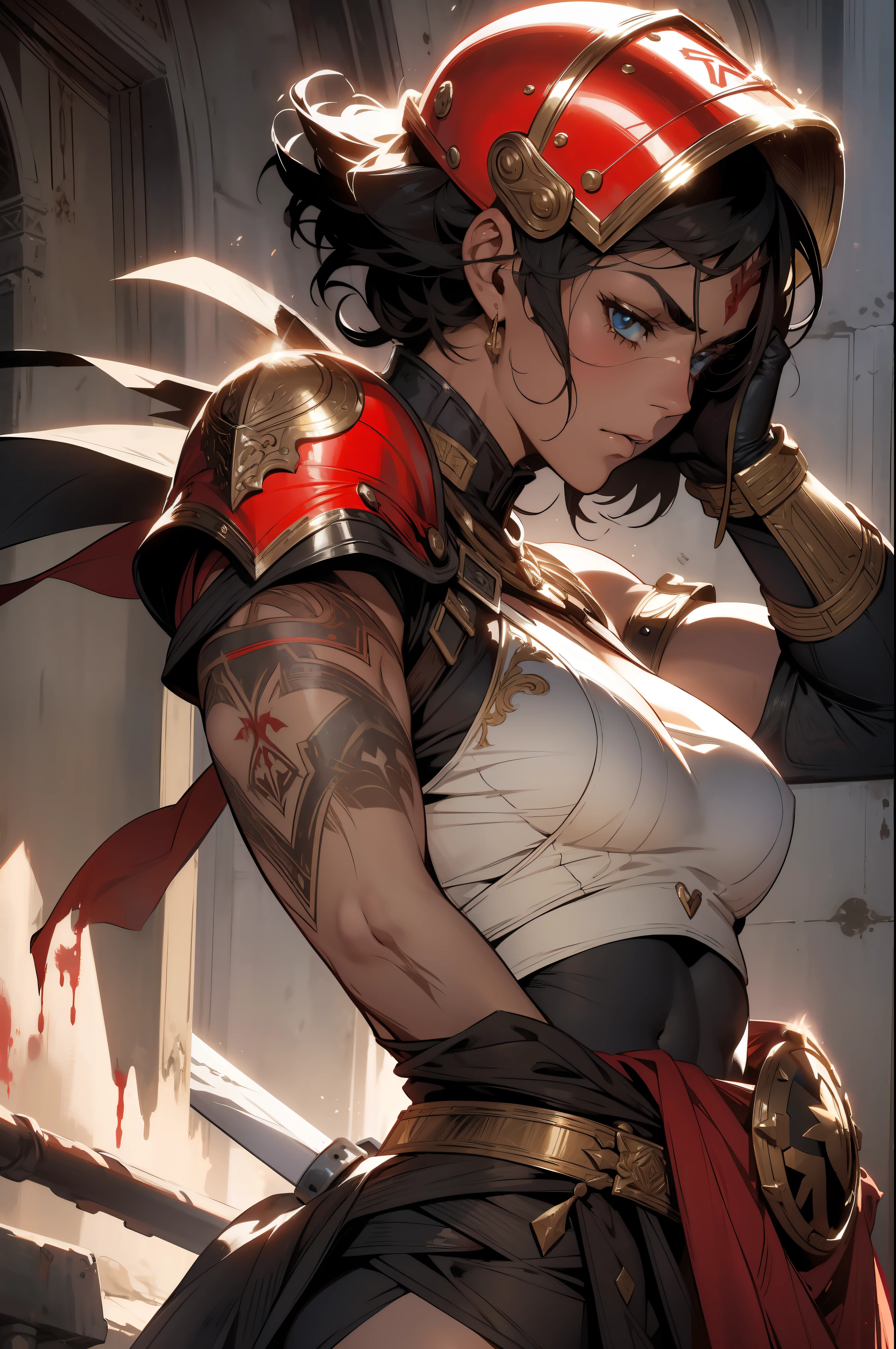 ((Frank Frazetta)), Beautiful full-bodied woman, 30 years old, muscular and perfect body, ((back)), short hair, scantily clad gladiator, Roman gladiator helmet, tiny red slap, metal bra covering only the, bleeding wounds, scars all over the warm body, tribal tattoo, arm covered by a metallic gladiator armor, large breasts, generous neckline, holding a blood-stained sword, brave face, dark kingdom, sexy pose, walk in a Roman arena