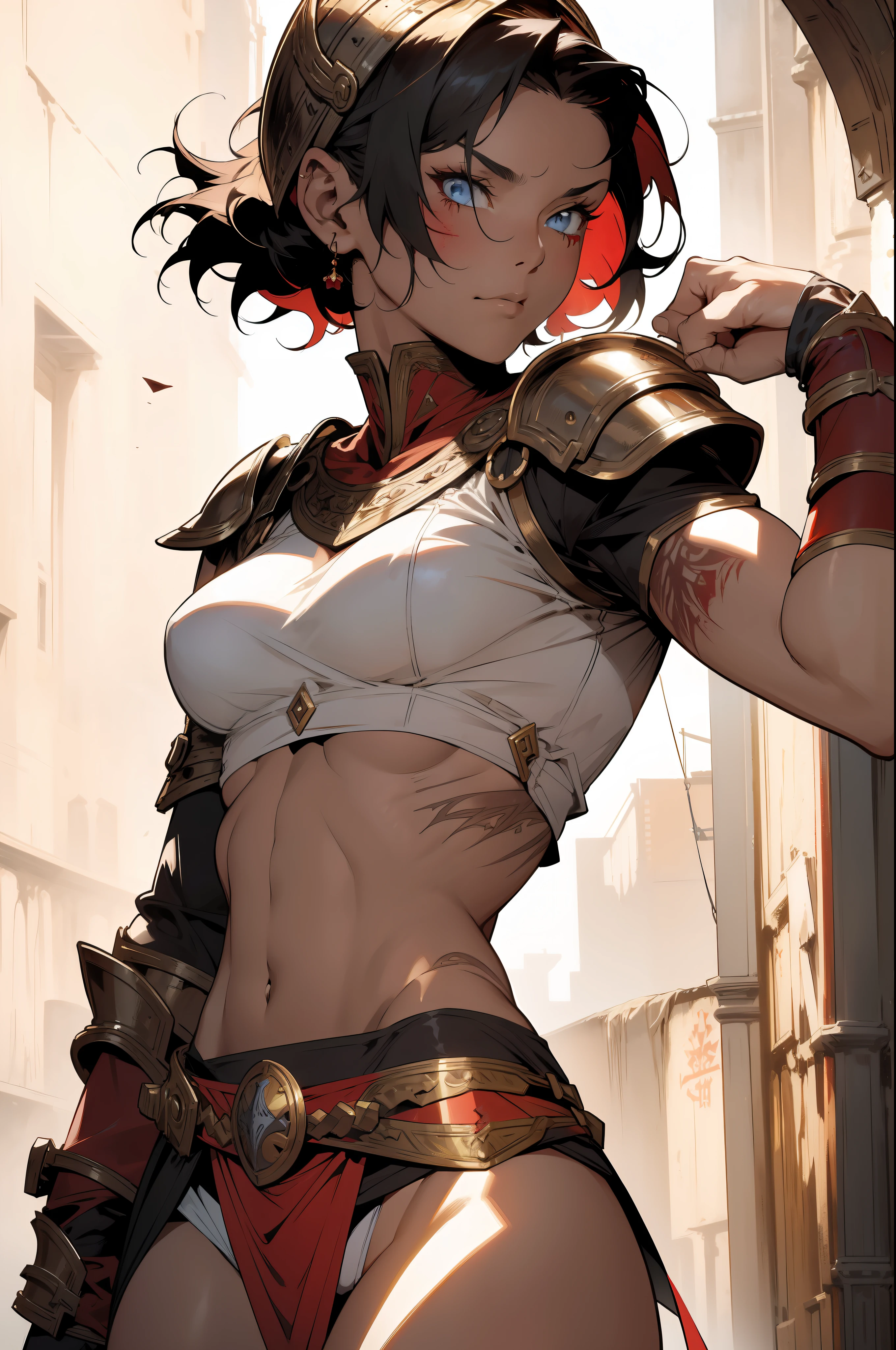 ((Frank Frazetta)), Beautiful full-bodied woman, 30 years old, muscular and perfect body, ((back)), short hair, scantily clad gladiator, Roman gladiator helmet, tiny red slap, metal bra covering only the, bleeding wounds, scars all over the warm body, tribal tattoo, arm covered by a metallic gladiator armor, large breasts, generous neckline, holding a blood-stained sword,  brave face, dark kingdom, sexy pose, walk in a Roman arena