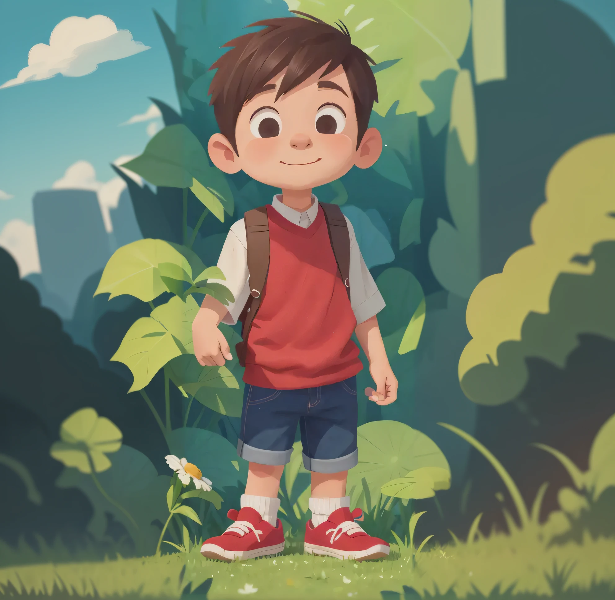 A cartoon boy standing on the grass with a backpack, cute characters, stylized anime