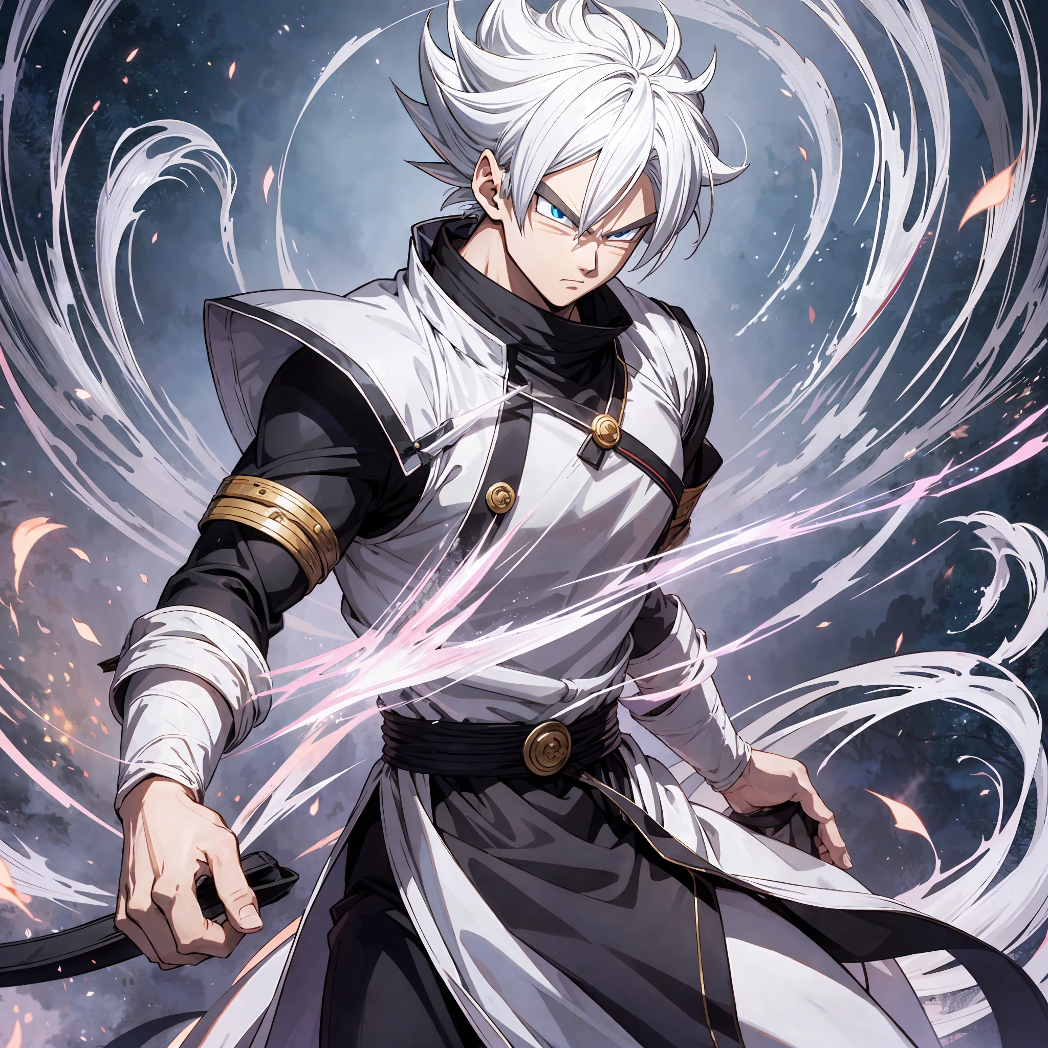 male hero, white hair, alone, dragon ball style, long clothes, evil aura --auto --s2