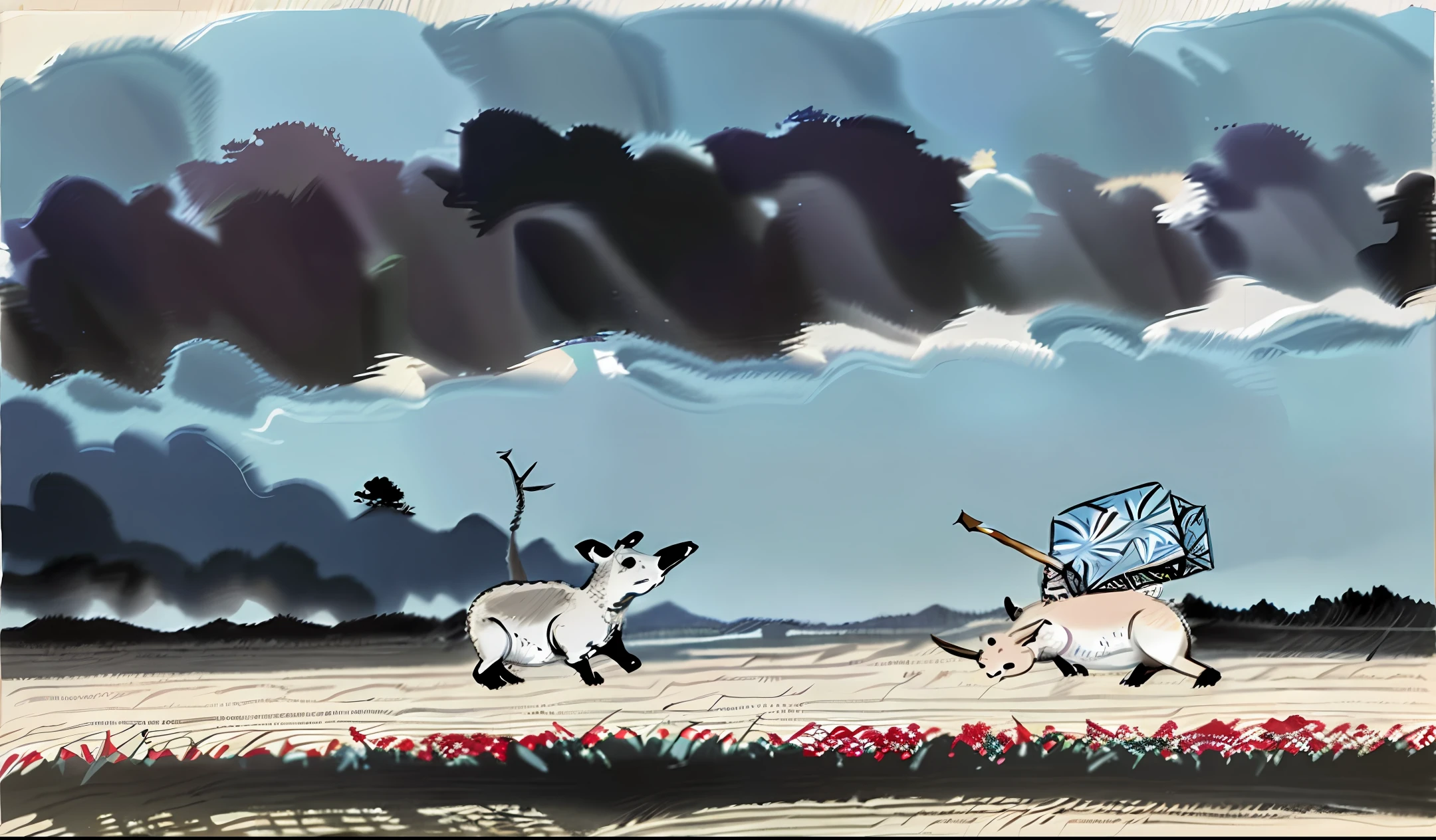 Rhinoceros and a small rat in a field