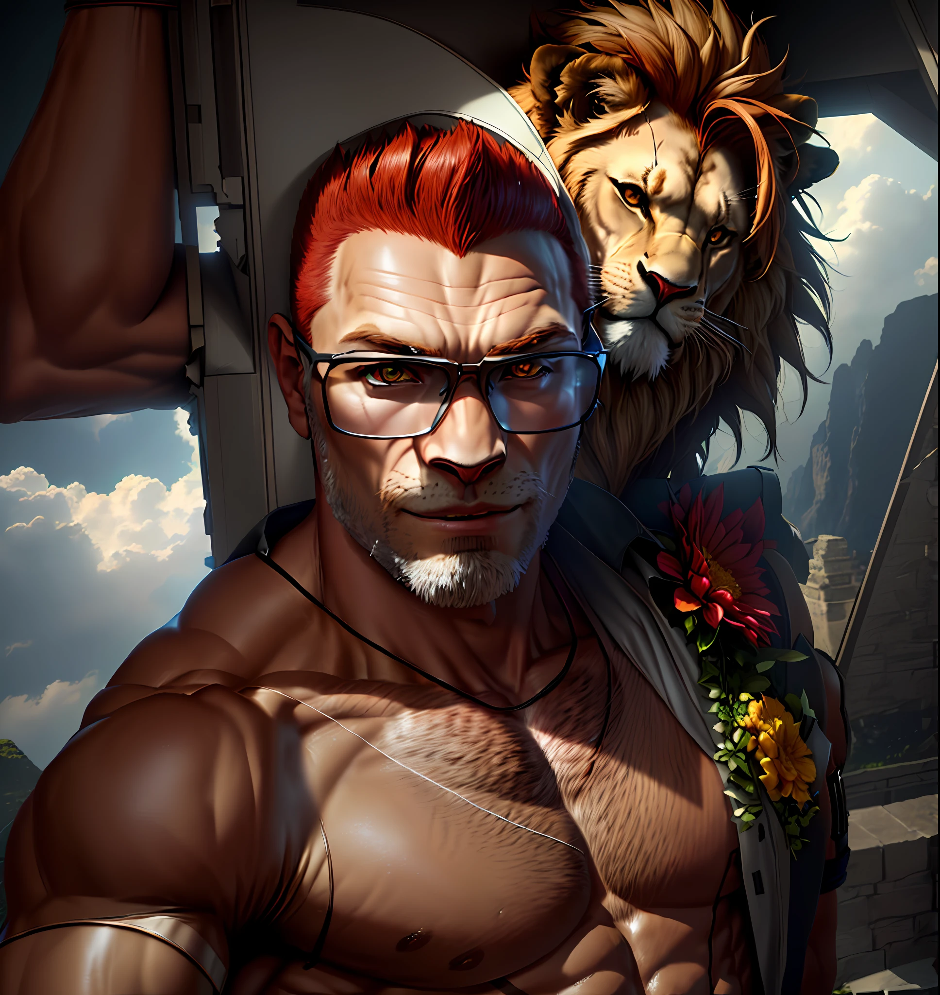 muscle, male, (lion head:1.0), furry, kemono, dressed as a prince standing on a cliff with flowers behind him, cloulds in the sky, photo, realism, cgi, (fighting pose:1.2), tekken, eye glow, broad waist, nipple, red hair, (baki:1.2), teeth, (steam:1.0), high detail, castle, masterpiece, (HDR)(wallpaper)(movie lighting)(sharp focus), masterpiece, best quality, (extremely detailed CG unity 8k wallpaper), (best quality)
