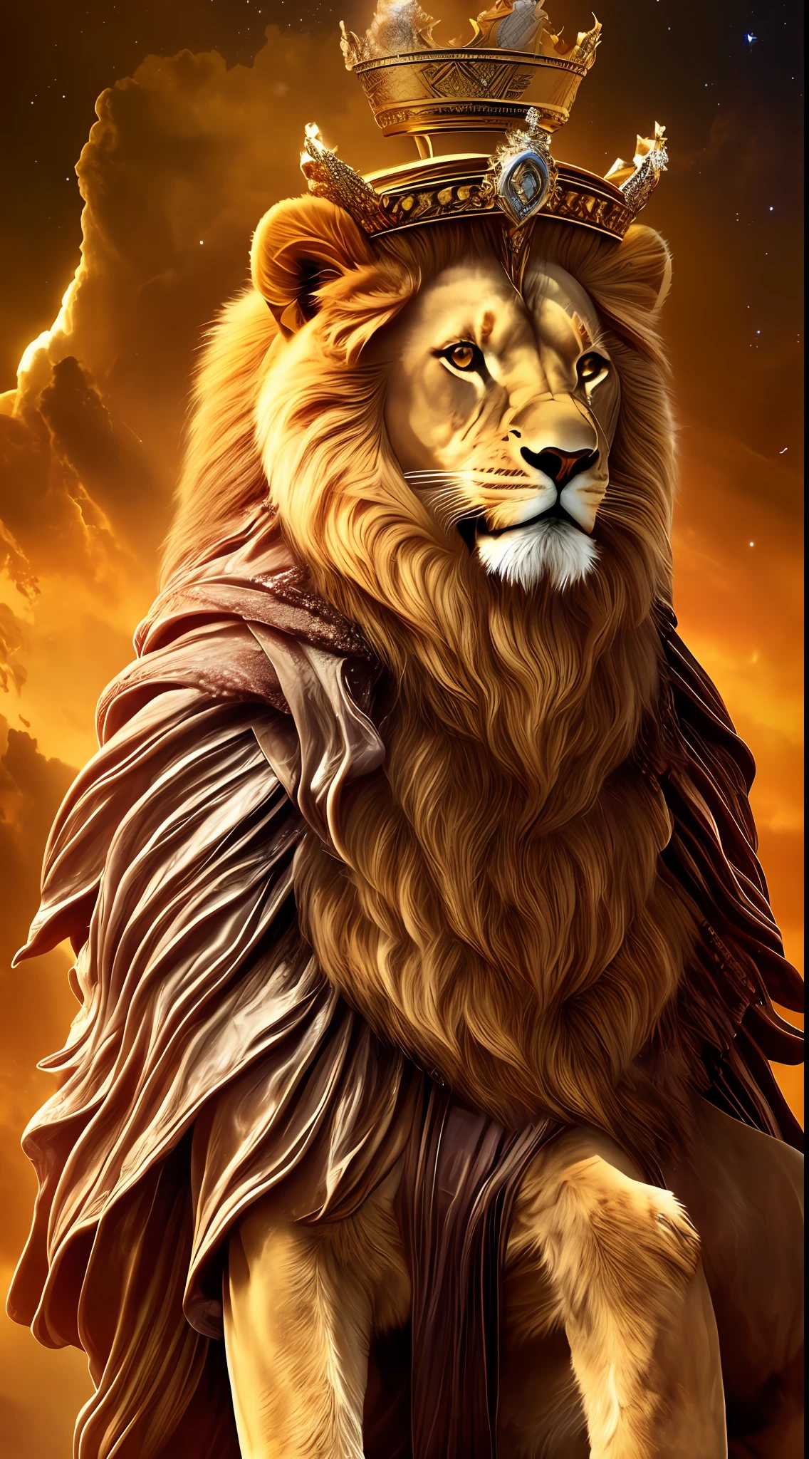 human with lion's head sitting on the king's throne, wearing a perfect crown, sense of grandeur and depth, cinematic scenery, colors that bring tranquility and peace, beautiful nebula in the background, perfect face, perfect body, full body in the photo, best quality, realistic texture, best rendering, 8k, HDR, high contrast, high resolution. --auto --s2