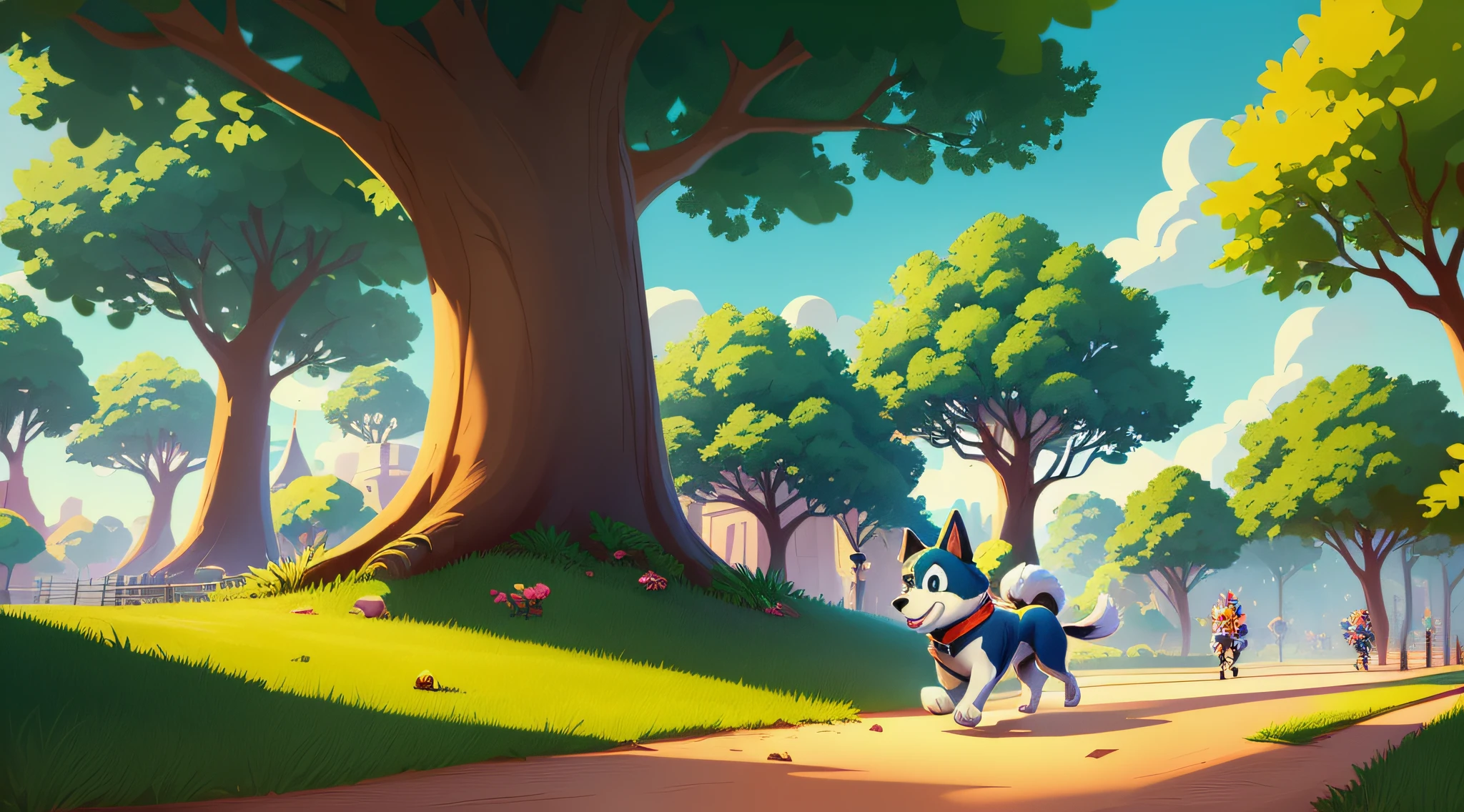 cartoon dog running in park, mobile game art, game illustration, stylized game art, background art, highly detailed official art, official art, disney art style, detailed game art illustration, isometric fantasy 3d cute dog, detailed game art, game art, key game art, trees, forest, stylized concept art