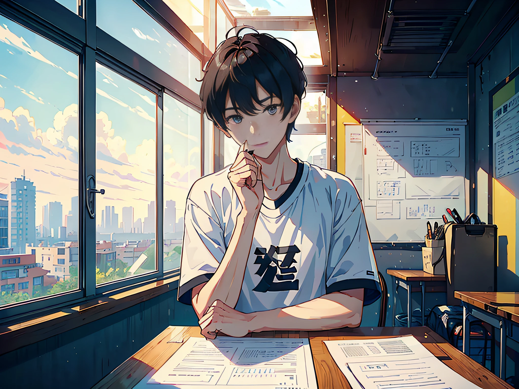 A man is sitting in the classroom, boy, male classmate, in the campus classroom, this male student is wearing a white T-shirt, short black hair, hand holding test paper, (hand picking up test paper 1.8), the lens is mainly featured on the upper body, in the Loepfe art style ((Xinhai City), popular in CGStation, Shinkaicheng H 2160, inspired by Bian Shoumin, Xinhaicheng, Kavasi, Guwitz's style, high-quality pictures, 4K, 8K, resolution