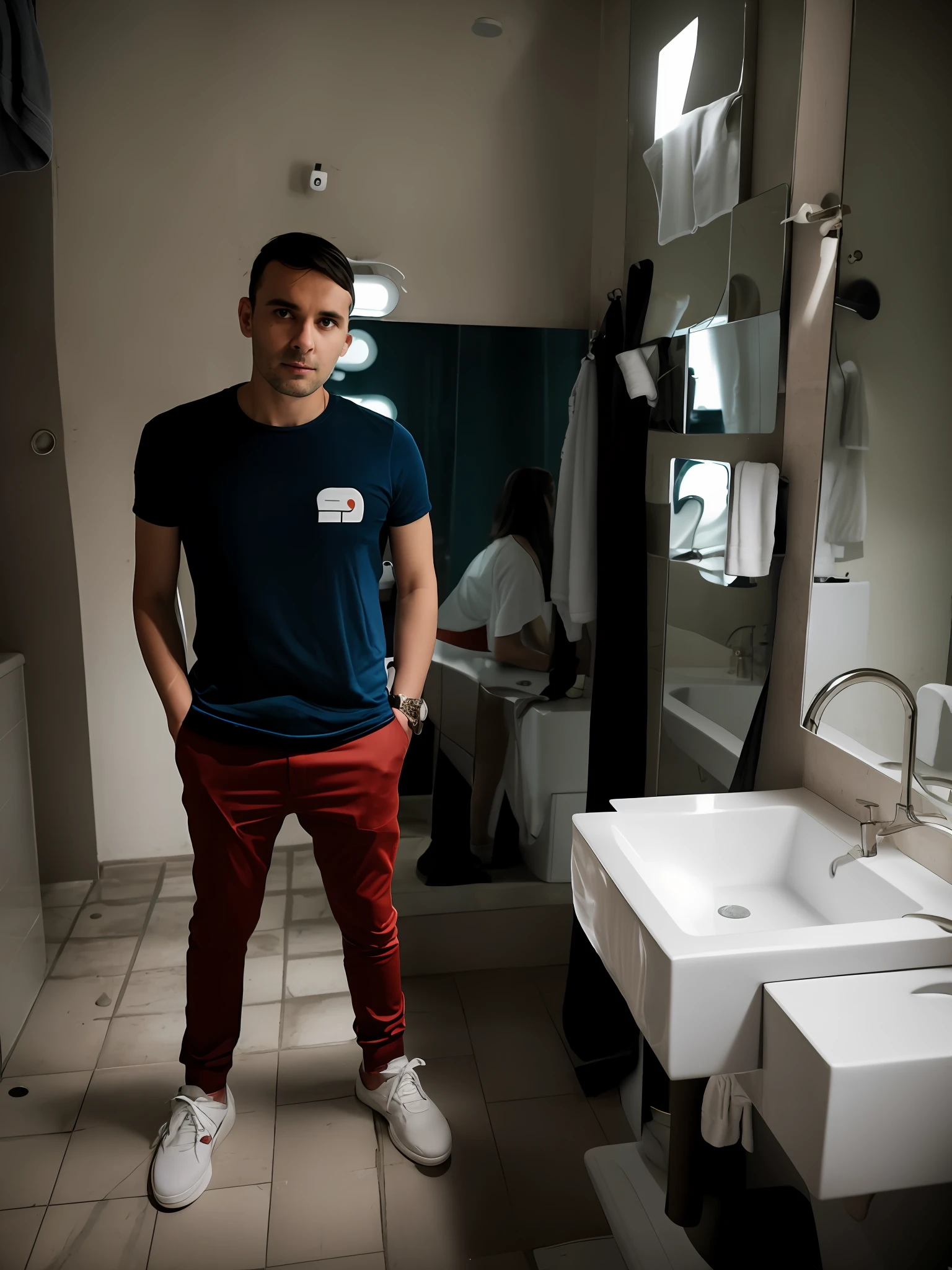 there is a man standing in a bathroom with a sink and a mirror, standing in a dimly lit room, portrait shot 8 k, mid shot portrait, standing in a starbase bar, by Elsa Bleda, standing in corner of room, standing in front of a mirror, in a bathroom, anton fadeev 8 k, borja