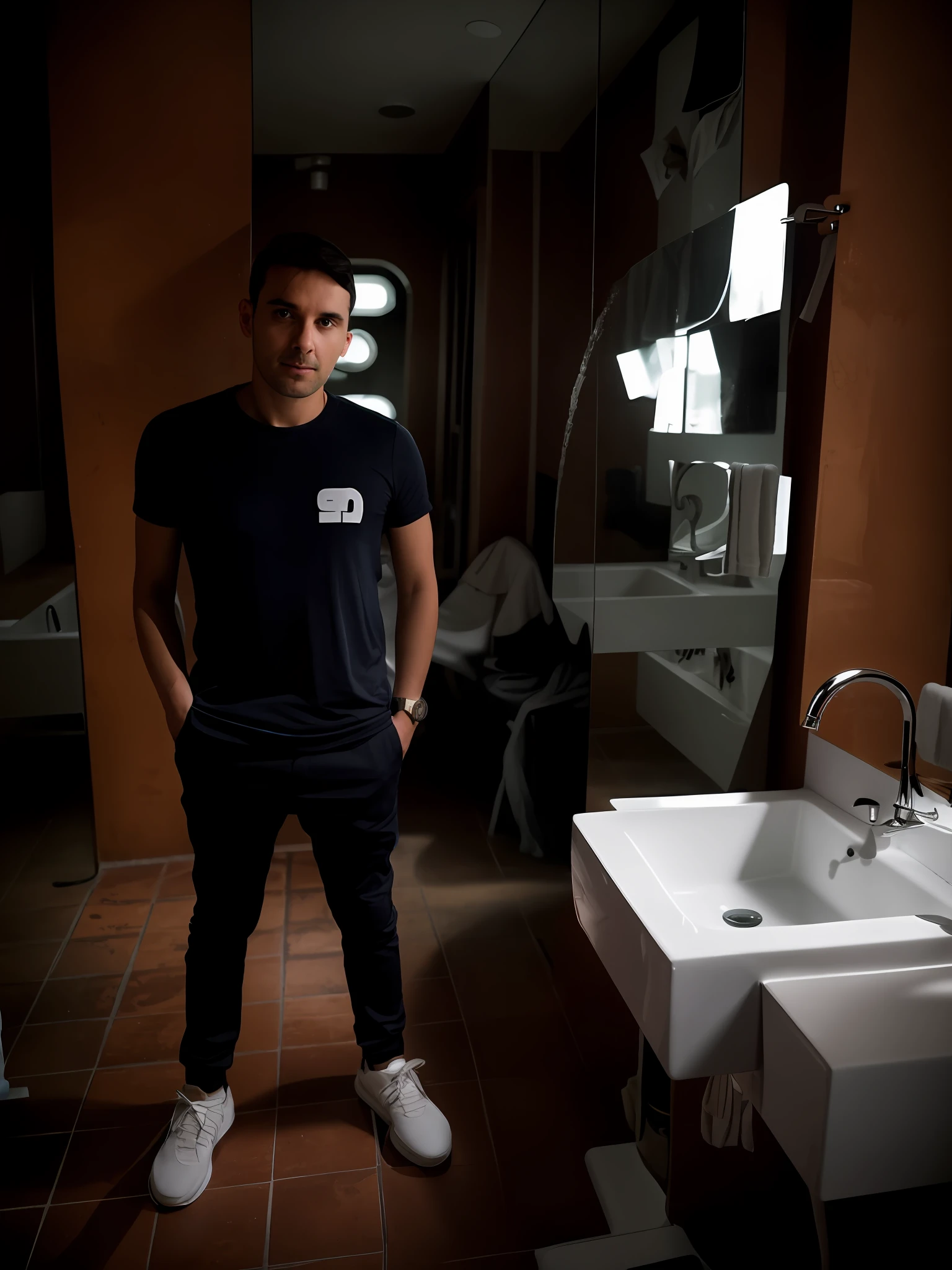 there is a man standing in a bathroom with a sink and a mirror, standing in a dimly lit room, portrait shot 8 k, mid shot portrait, standing in a starbase bar, by Elsa Bleda, standing in corner of room, standing in front of a mirror, in a bathroom, anton fadeev 8 k, borja