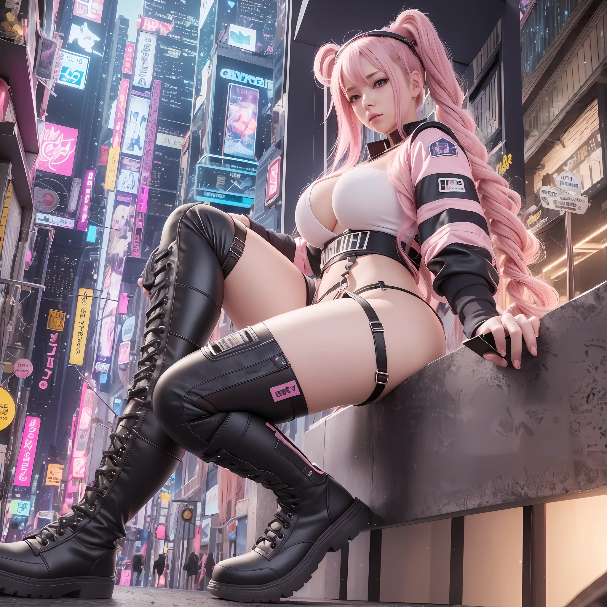 high resolution, best quality, masterpiece, very high image quality, ultra-detailed, hyperrealistic, 3d, hard rock girl, very beautiful cute, pink wavy hair, side braid, huge breasts, miniskirt, thong panties, knee high socks, engineer boots, background cyber punk city galaxy