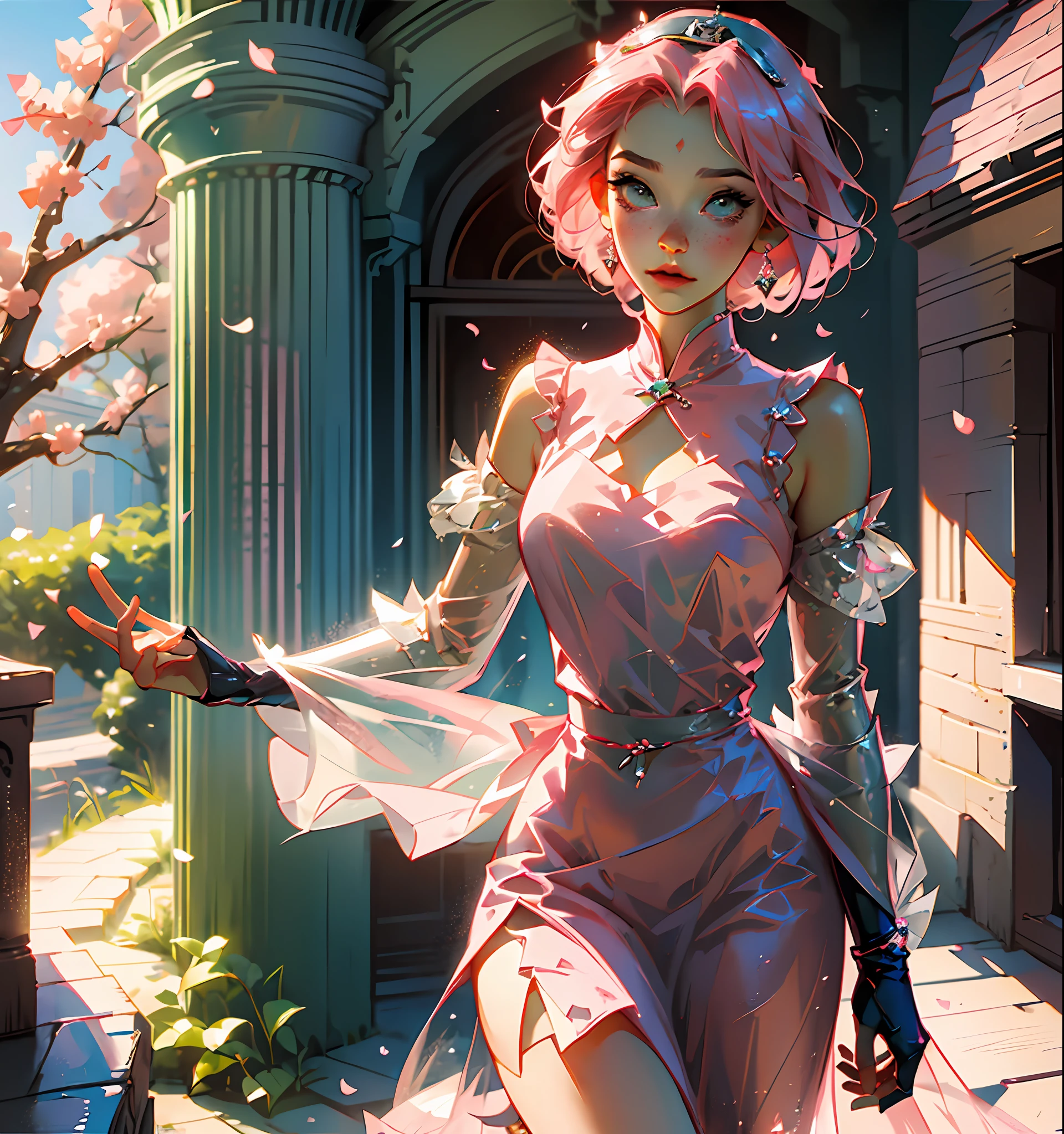 Sakura haruno, ((solo)), alone, princess, wearing a green princess dress, queen, happy, ((forehead to show)), standing, entering the church, pink hair, short hair, delicate, young, short hair, detailed face, high definition, ((full body)), (flowers around her), full body, she is a beautiful woman, face with high quality, beautiful, radiant, pastel tones, high definition, pastel tones, delicacy, sakura haruno, sakura, pastel tones, beautiful face, sharp strokes, anime, sakura haruno, anime, hd, pink hair, anime, sakura, apparent strokes